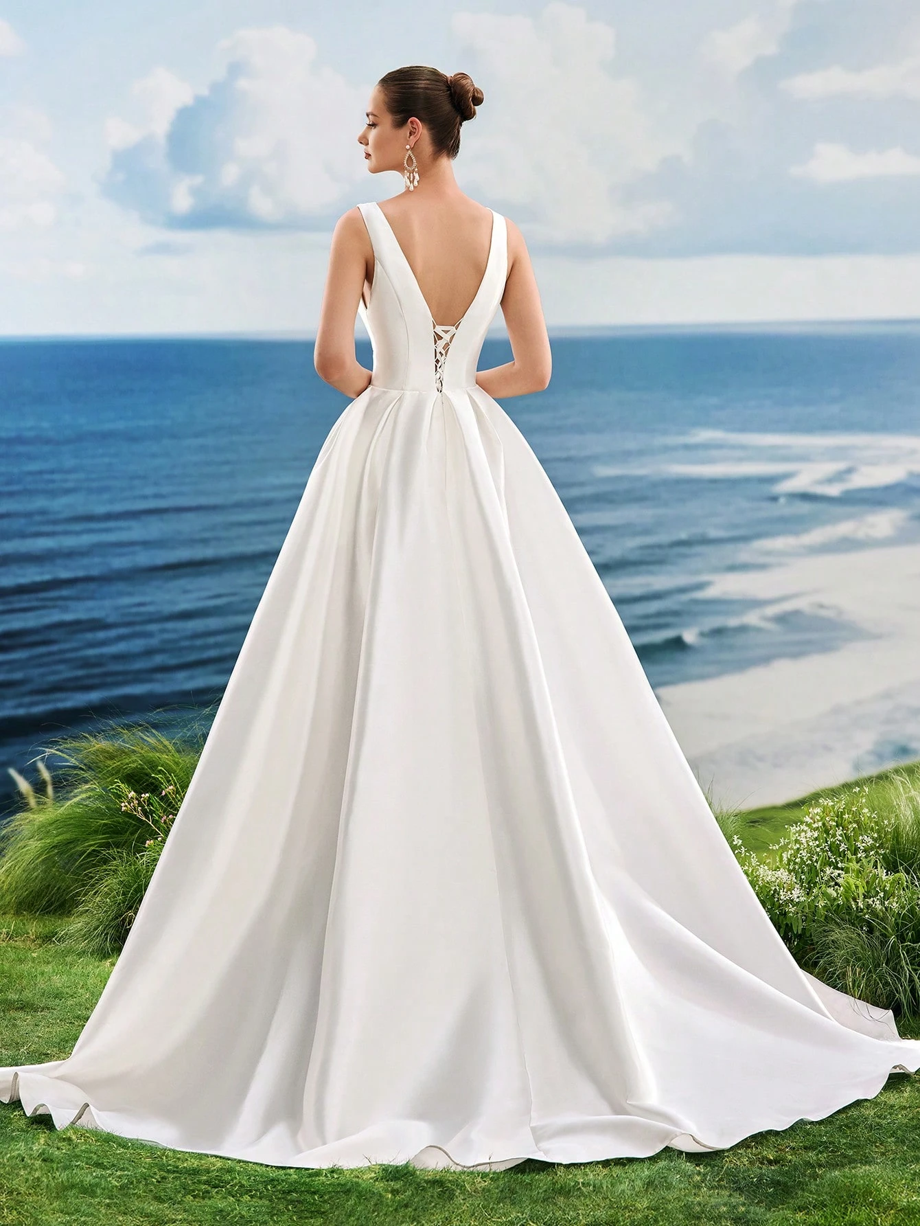 Col en V, Lacets, Satin, Fente Haute, Traîne, Robe Trapèze, Mariage à l'Église, Mariage — vue 2