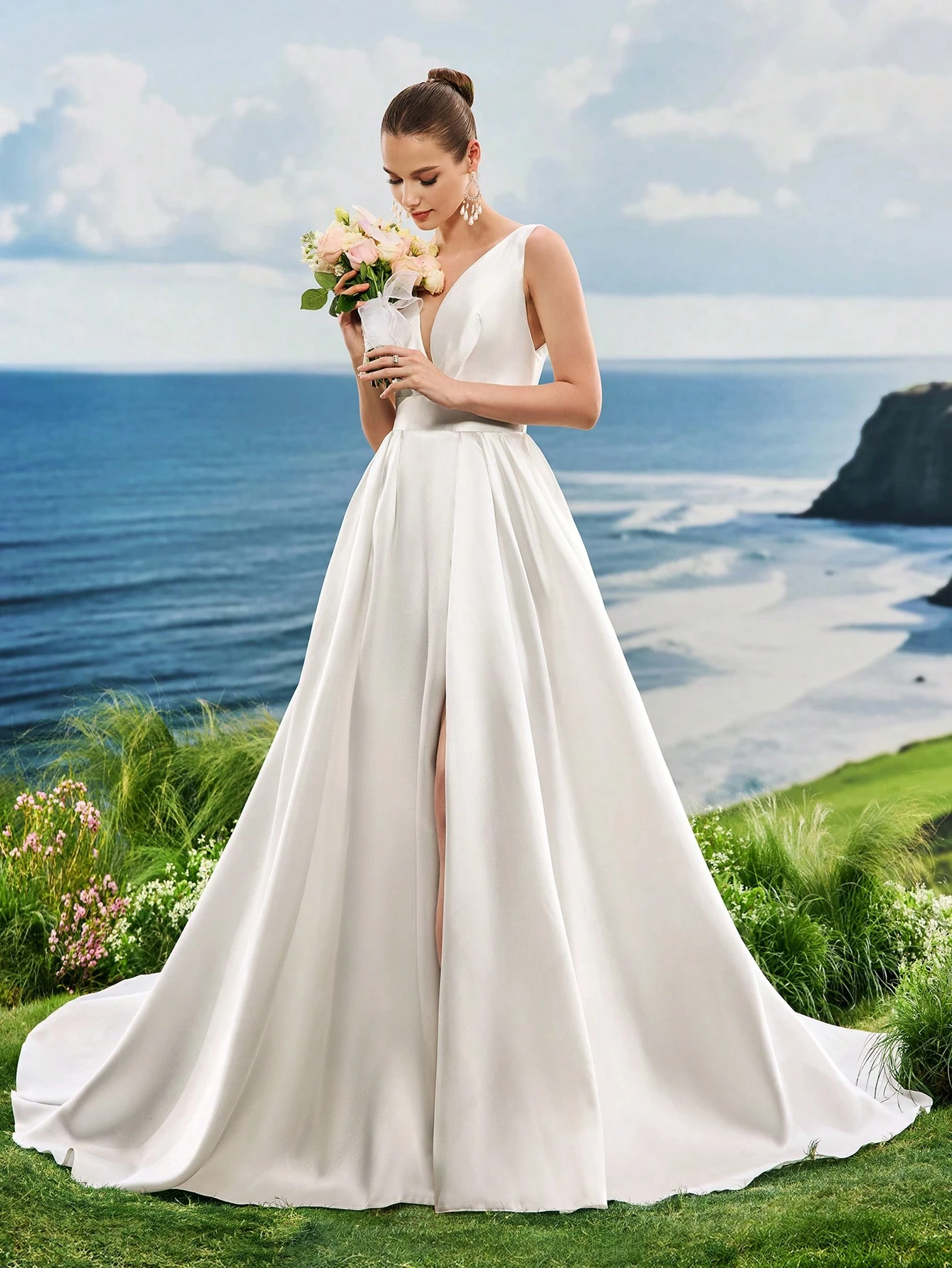 Col en V, Lacets, Satin, Fente Haute, Traîne, Robe Trapèze, Mariage à l'Église, Mariage — vue 4