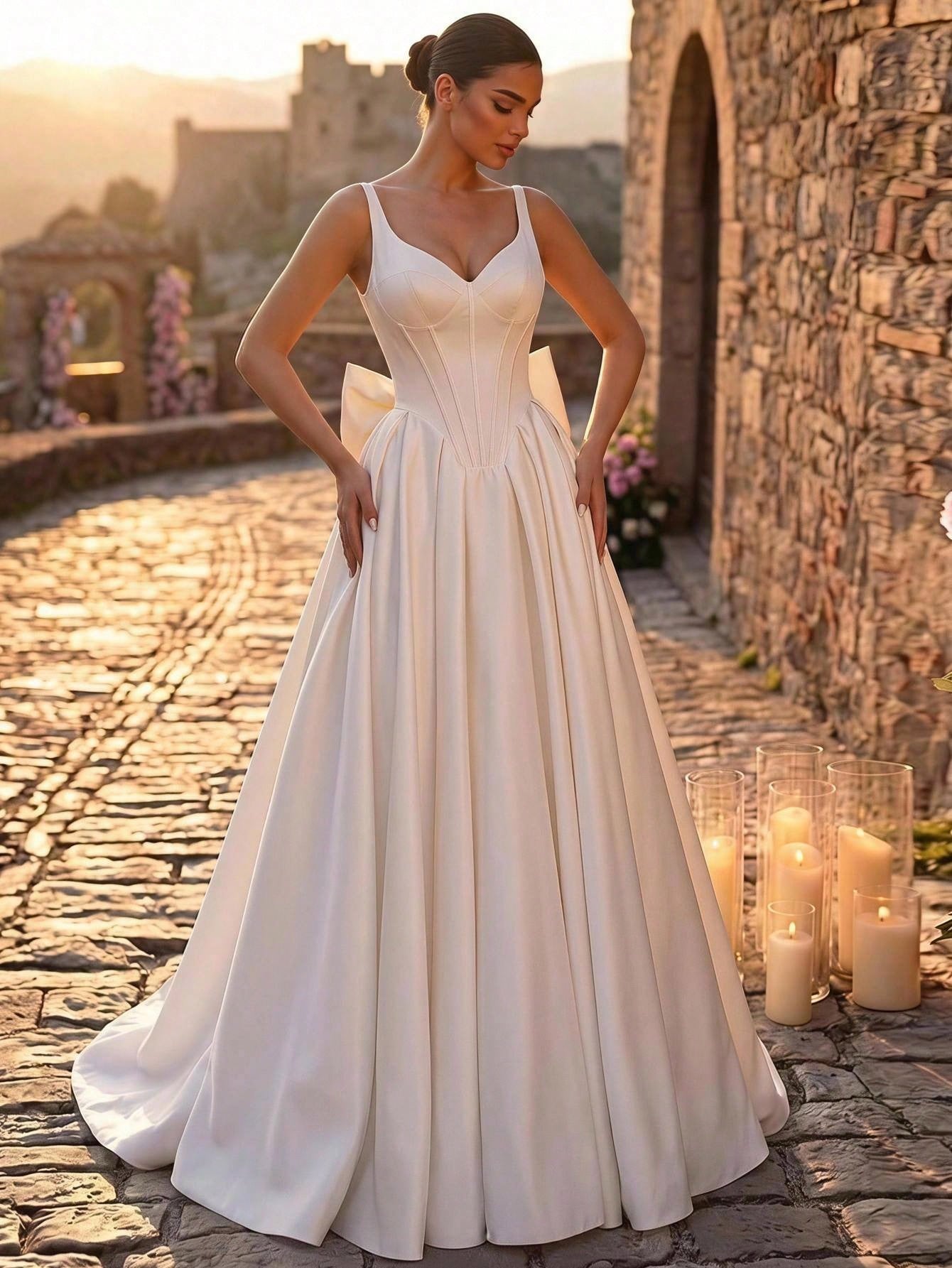 Glamrae Élégante robe blanche satinée brillante minimaliste chic ajustée à bretelles — vue 4