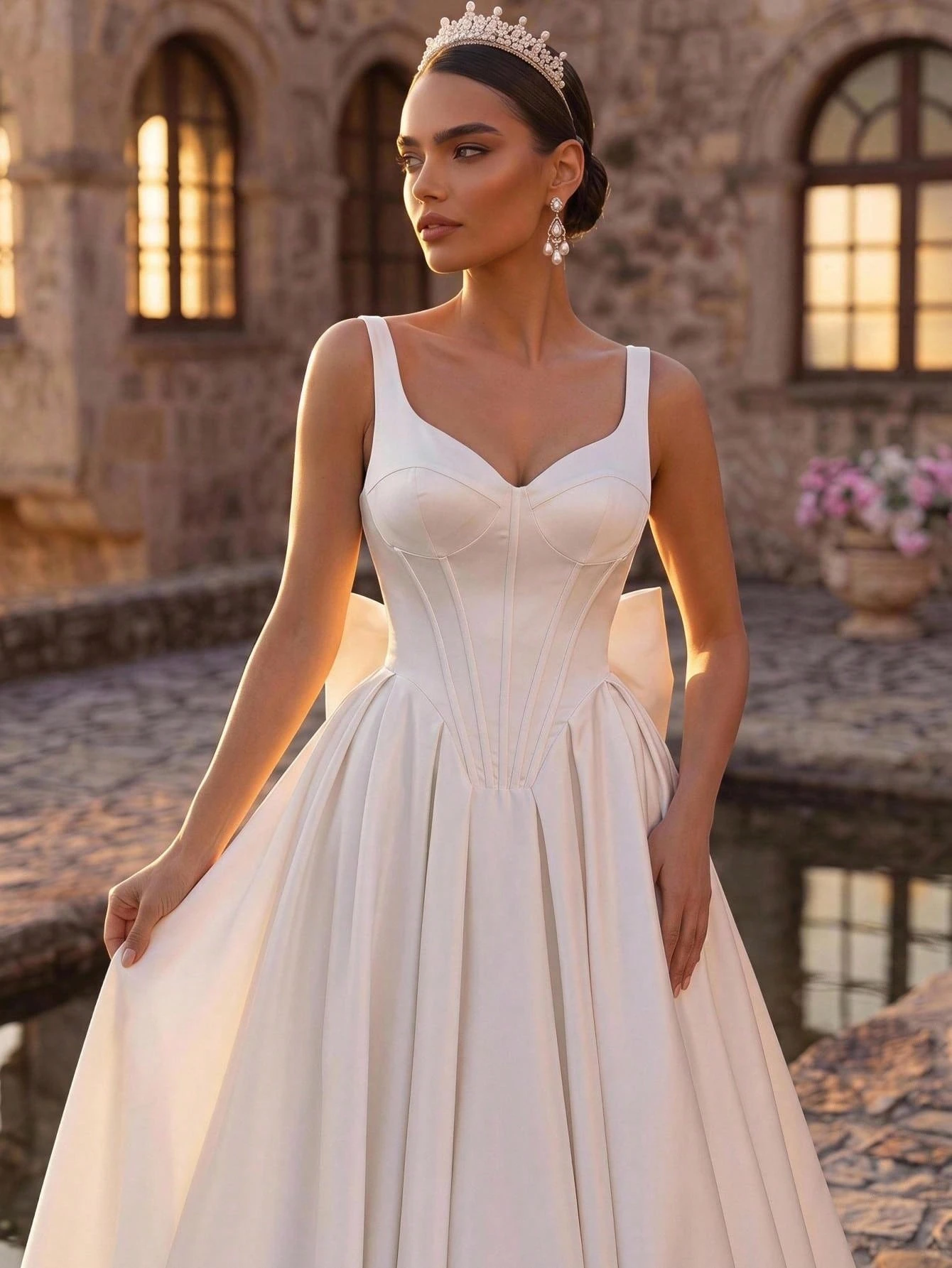 Glamrae Élégante robe blanche satinée brillante minimaliste chic ajustée à bretelles — vue 6