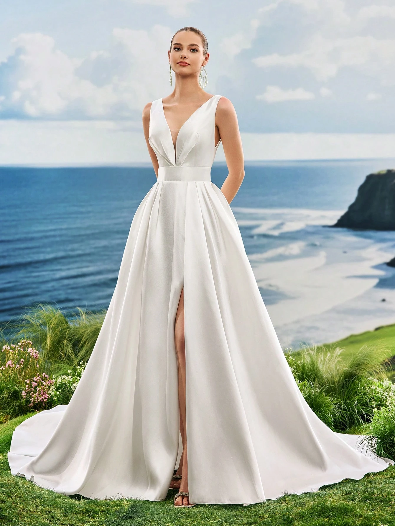 Col en V, Lacets, Satin, Fente Haute, Traîne, Robe Trapèze, Mariage à l'Église, Mariage — vue 8