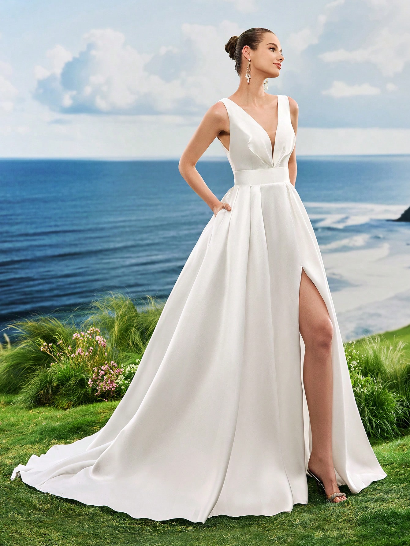 Col en V, Lacets, Satin, Fente Haute, Traîne, Robe Trapèze, Mariage à l'Église, Mariage — vue 7