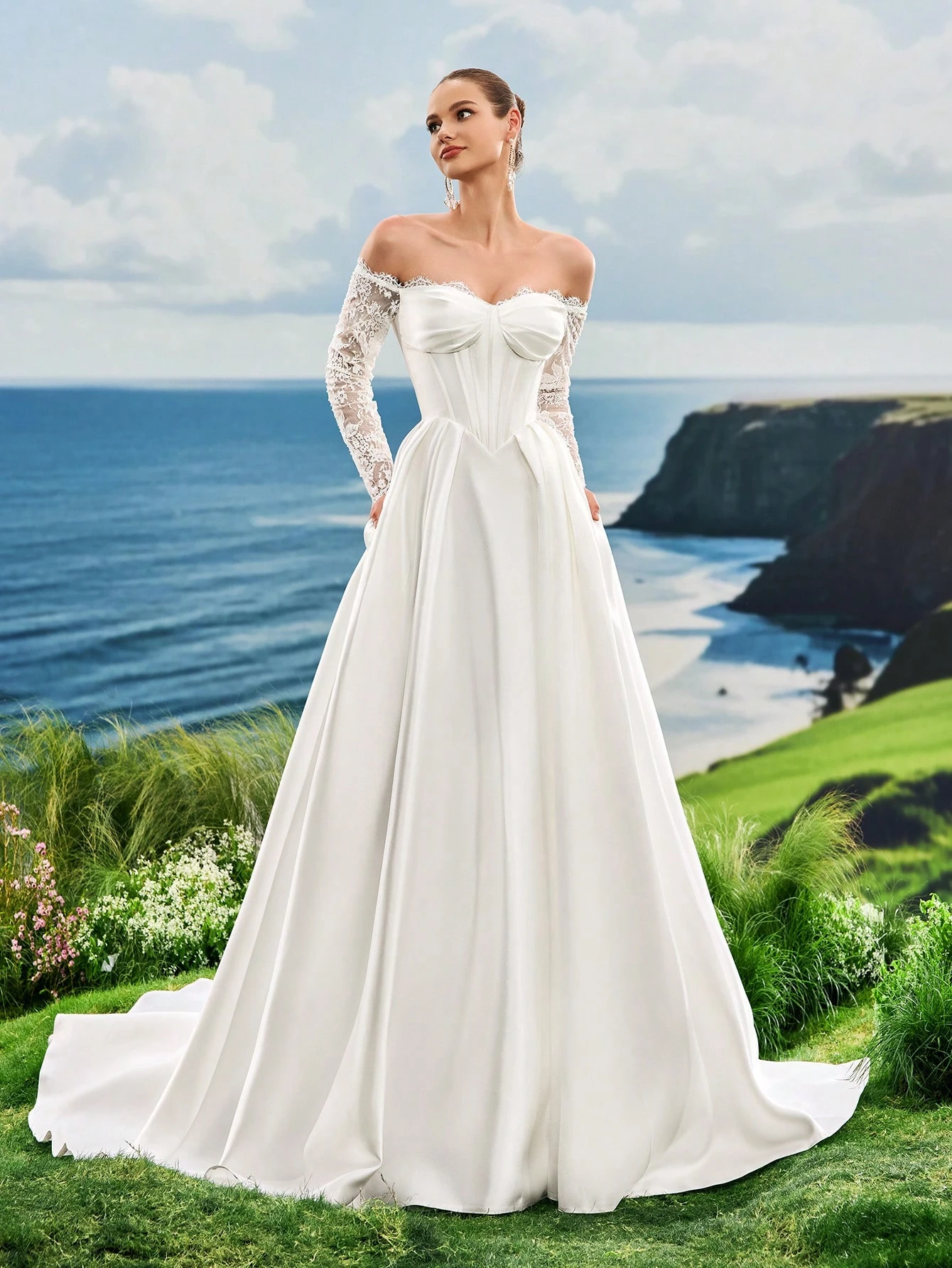 Elasola Robe de mariée blanche en dentelle à épaules dénudées, robe de mariée à manches — vue 2