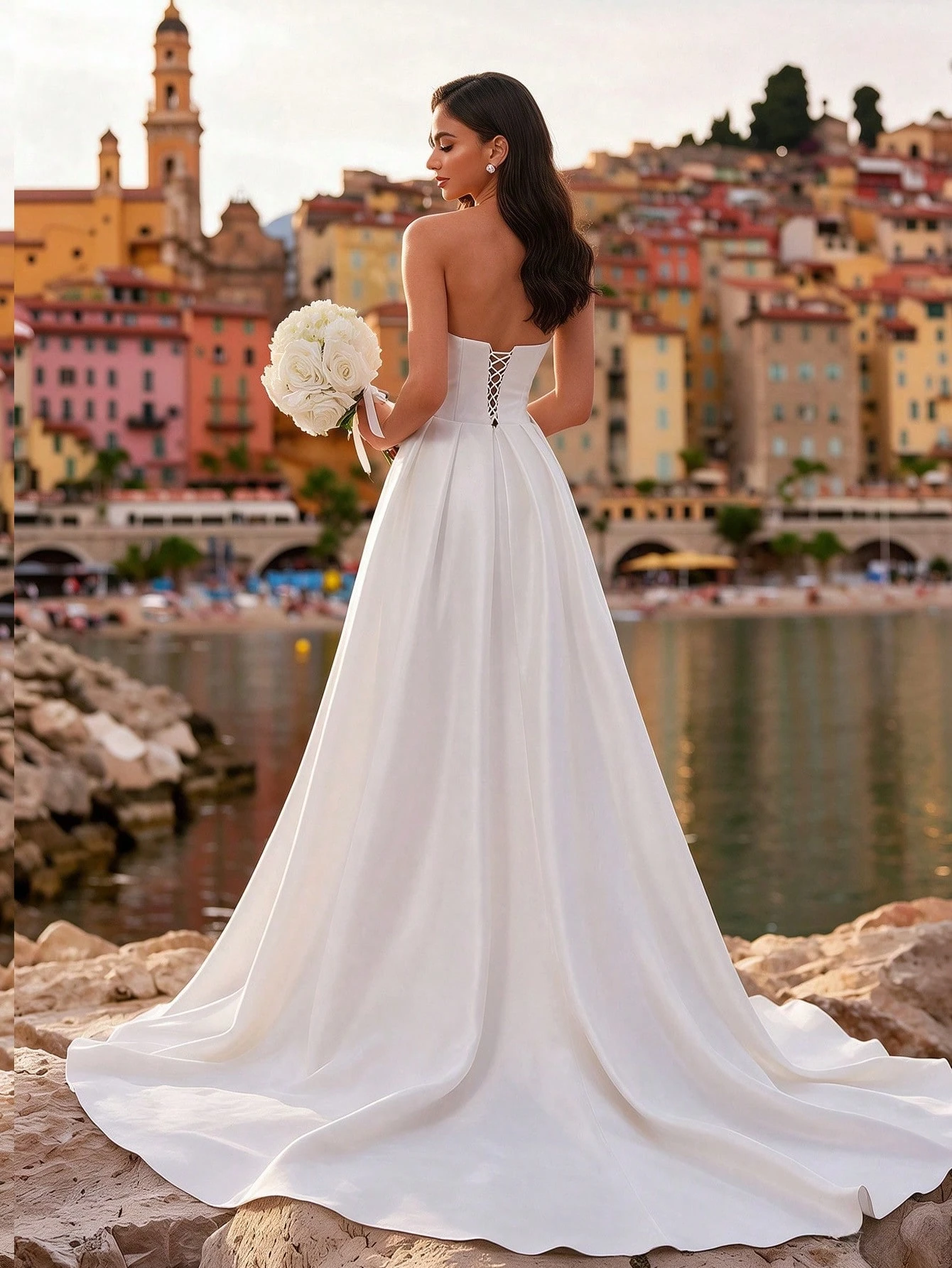 Robe de mariée HEARBOBO pour femme, blanche unie en satin avec patchwork de dentelle — vue 2