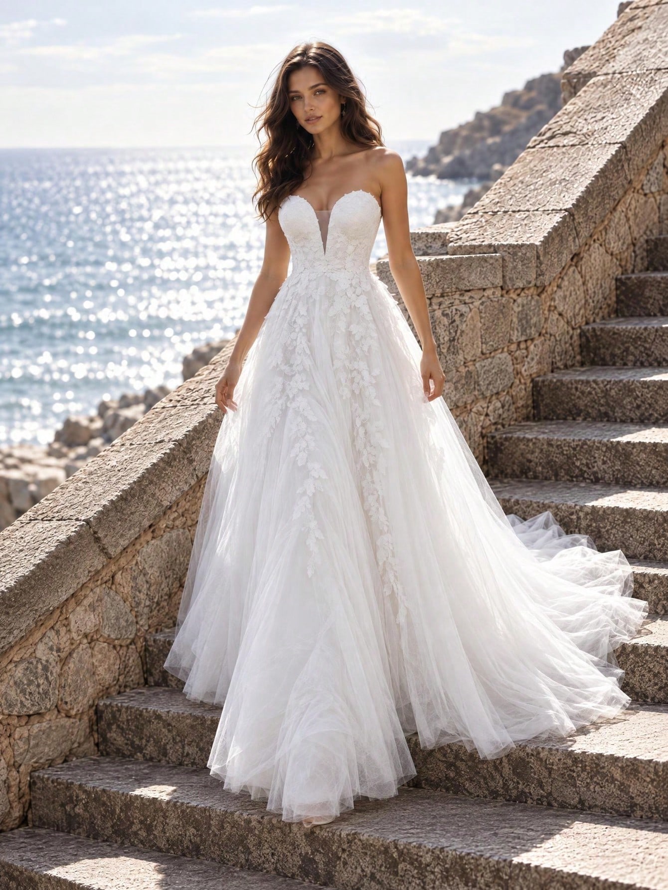 Robe de mariée élégante en forme de cœur avec col en V profond sans bretelles et brodée, — vue 2
