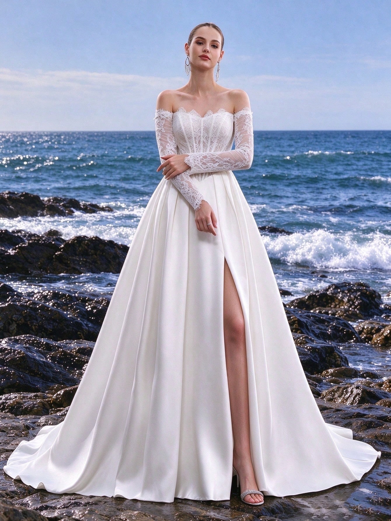 Dentelle, Satin, Épaules Dénudées, Lacets, Fente Haute, Traîne, Robe Trapèze, Mariage à