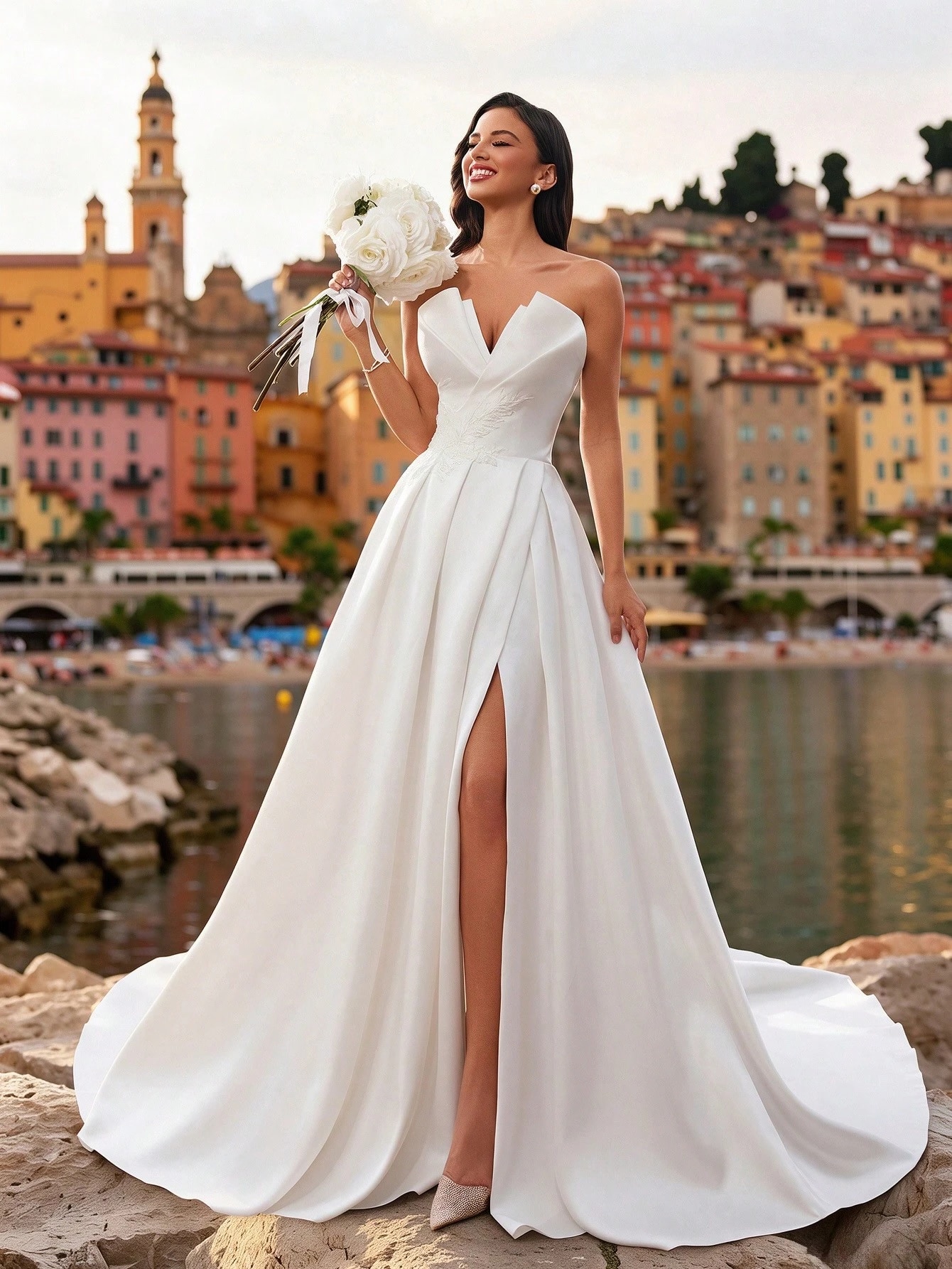 Robe de mariée HEARBOBO pour femme, blanche unie en satin avec patchwork de dentelle