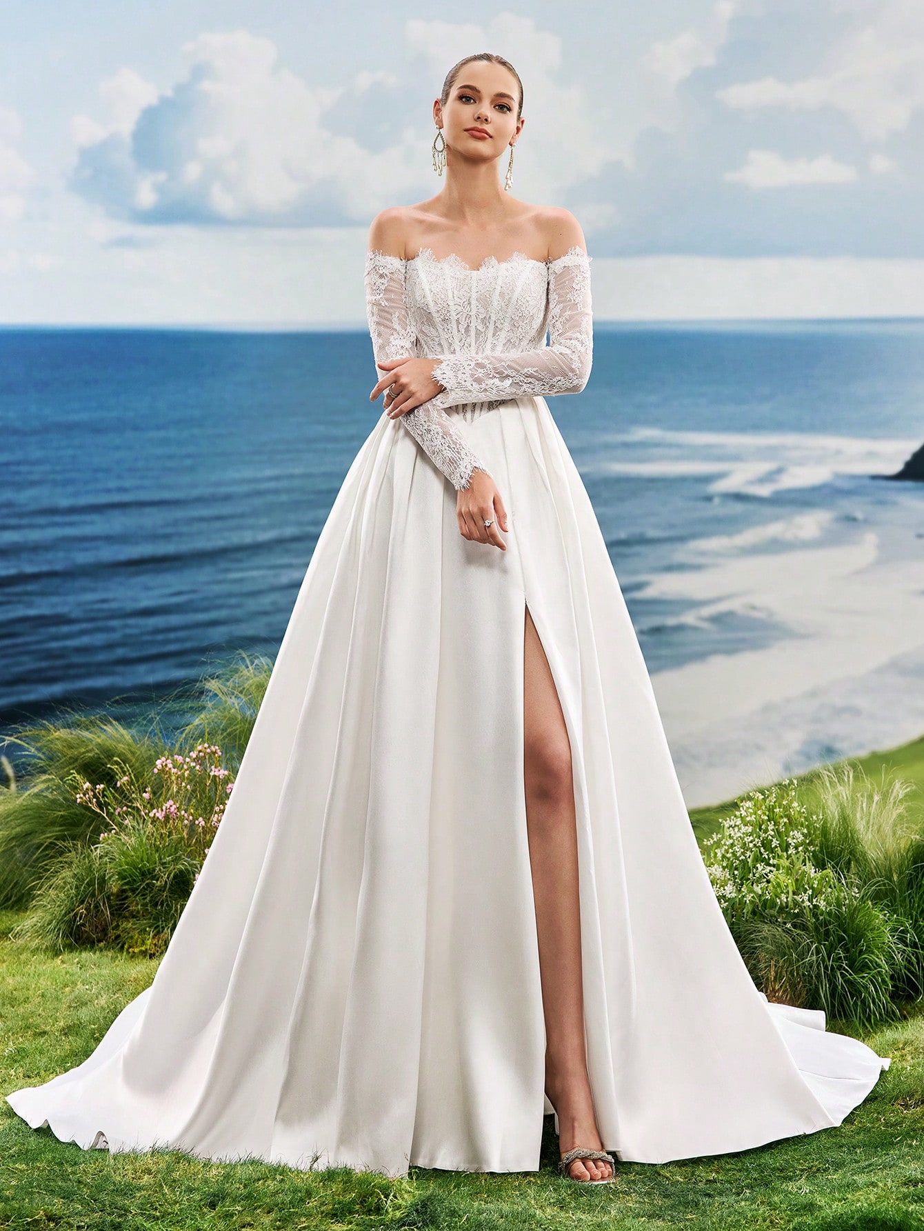 Dentelle, Satin, Épaules Dénudées, Lacets, Fente Haute, Traîne, Robe Trapèze, Mariage à — vue 3