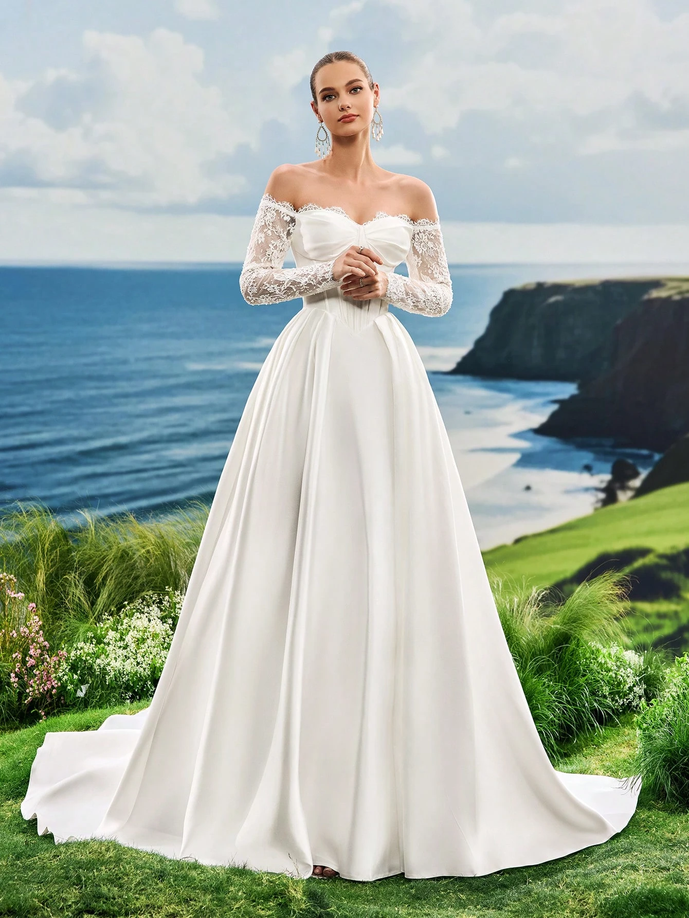 Elasola Robe de mariée blanche en dentelle à épaules dénudées, robe de mariée à manches