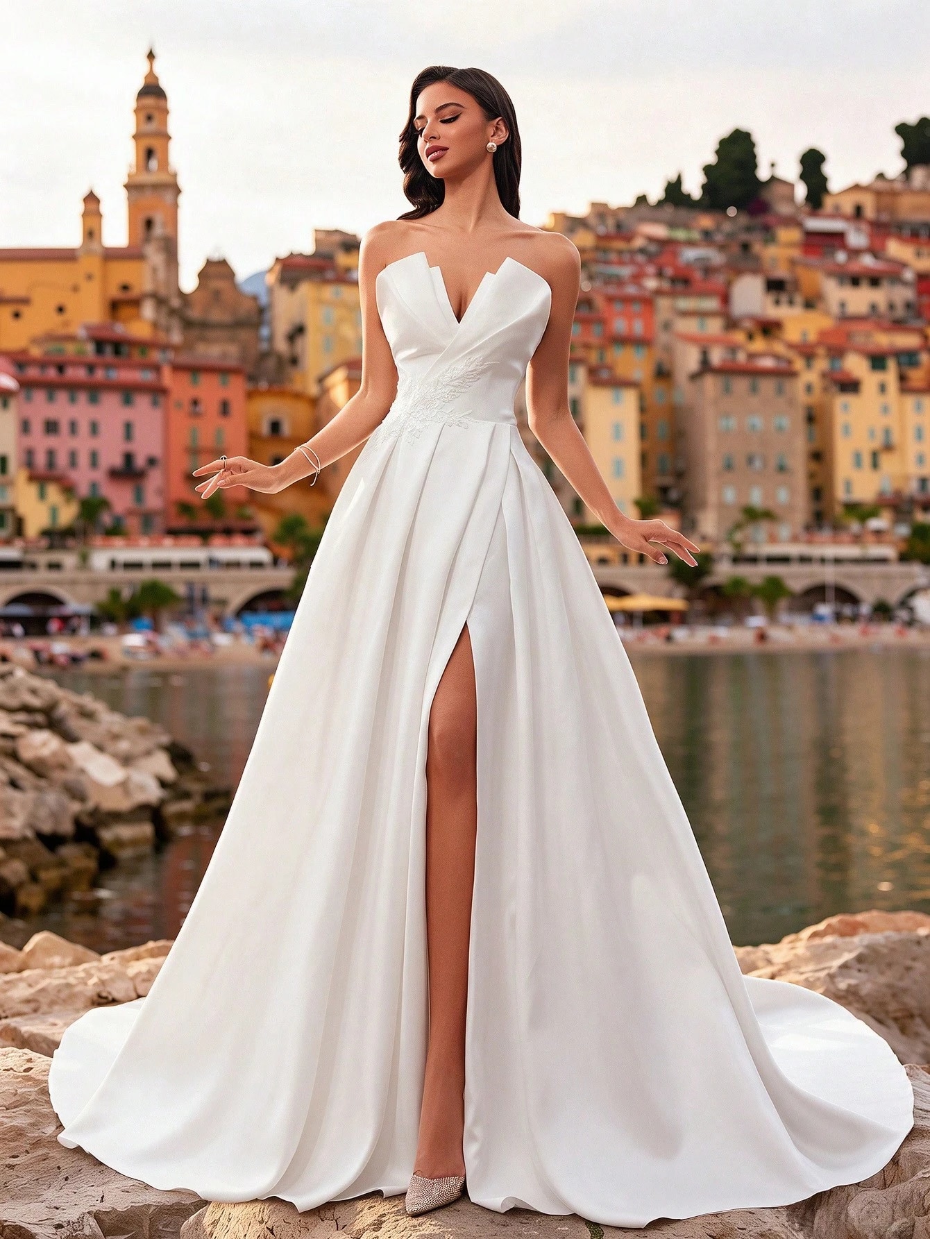 Robe de mariée HEARBOBO pour femme, blanche unie en satin avec patchwork de dentelle — vue 6