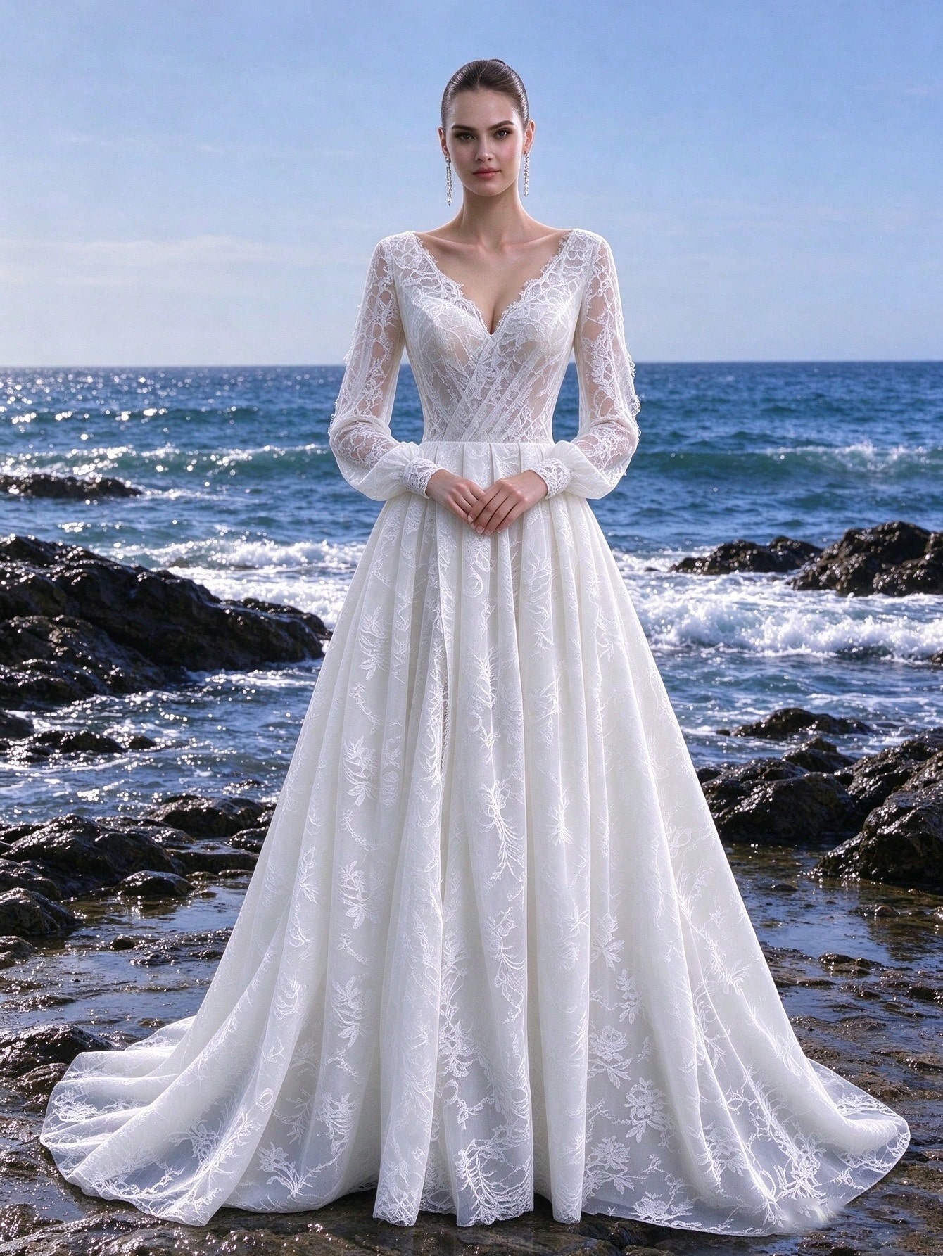 Robe trapèze à col en V en dentelle française à manches longues avec traîne, convient — vue 2