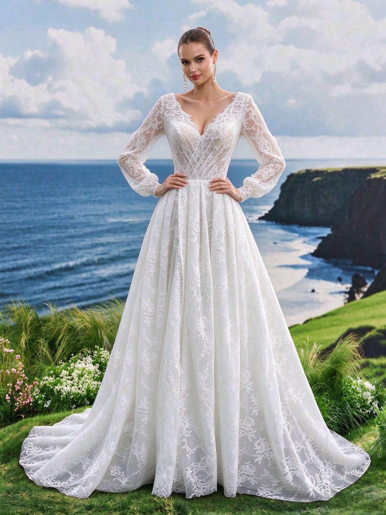 Robe trapèze à col en V en dentelle française à manches longues avec traîne, convient — vue 4