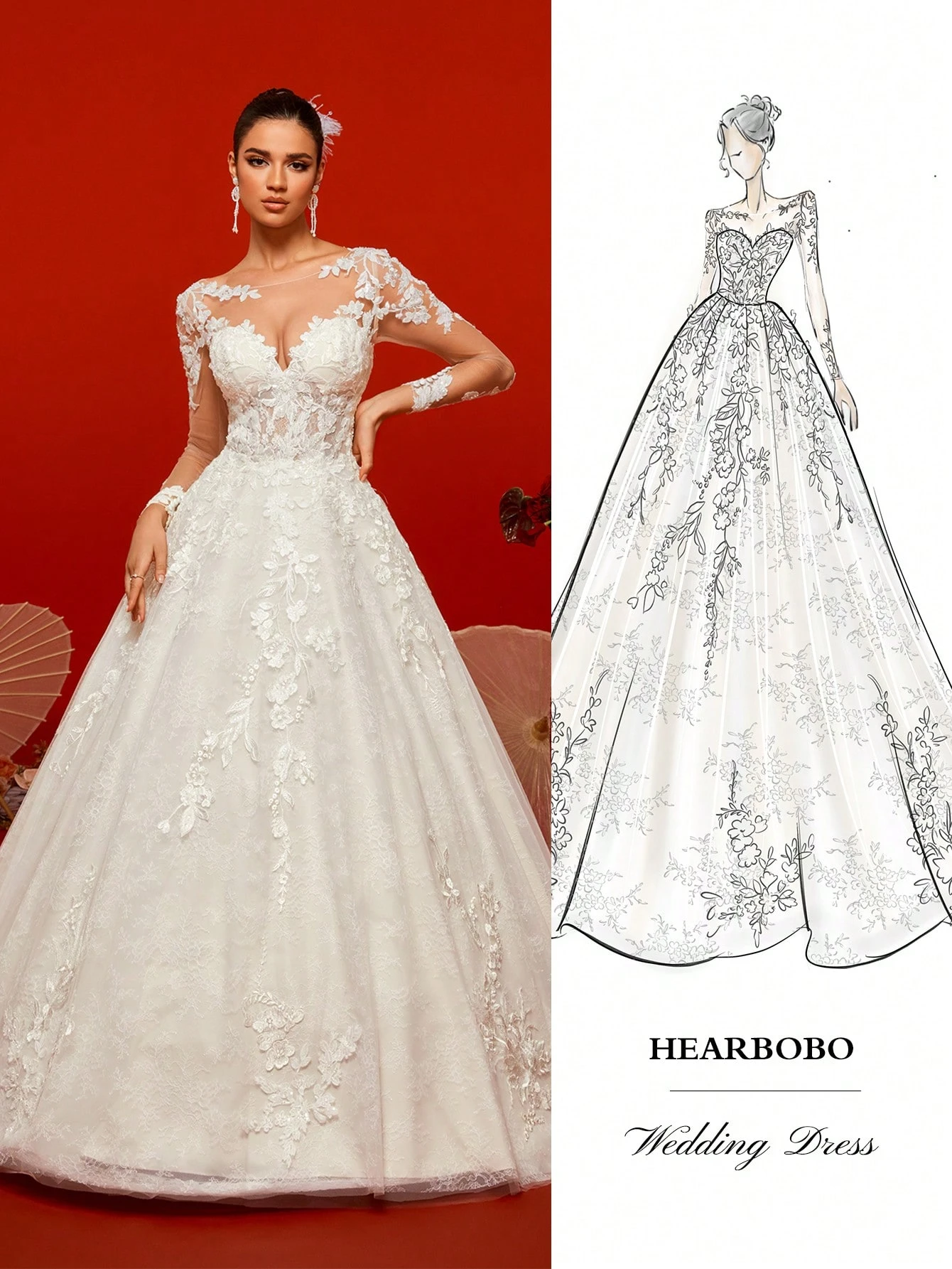 HEARBOBO Robe de mariée de plage élégante en dentelle à manches longues, style