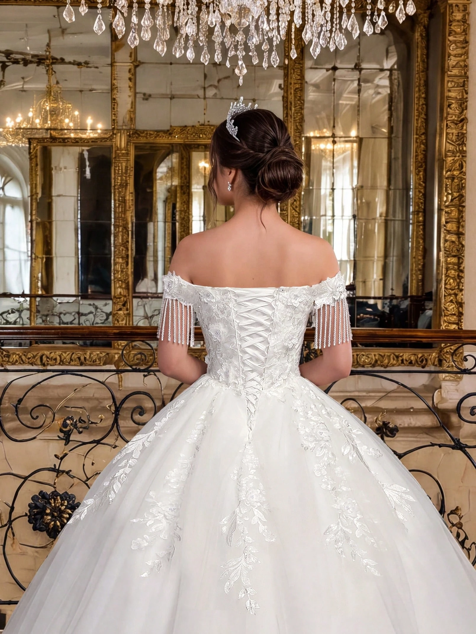 Robe de mariée élégante ivoire à épaules dénudées avec applique perlée à la main, robe de — vue 5