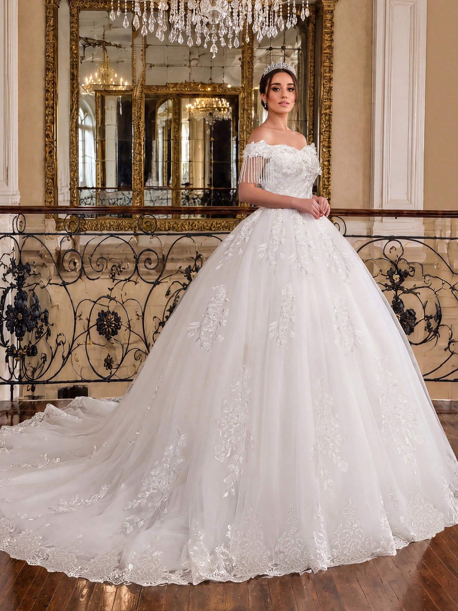 Robe de mariée élégante ivoire à épaules dénudées avec applique perlée à la main, robe de — vue 2