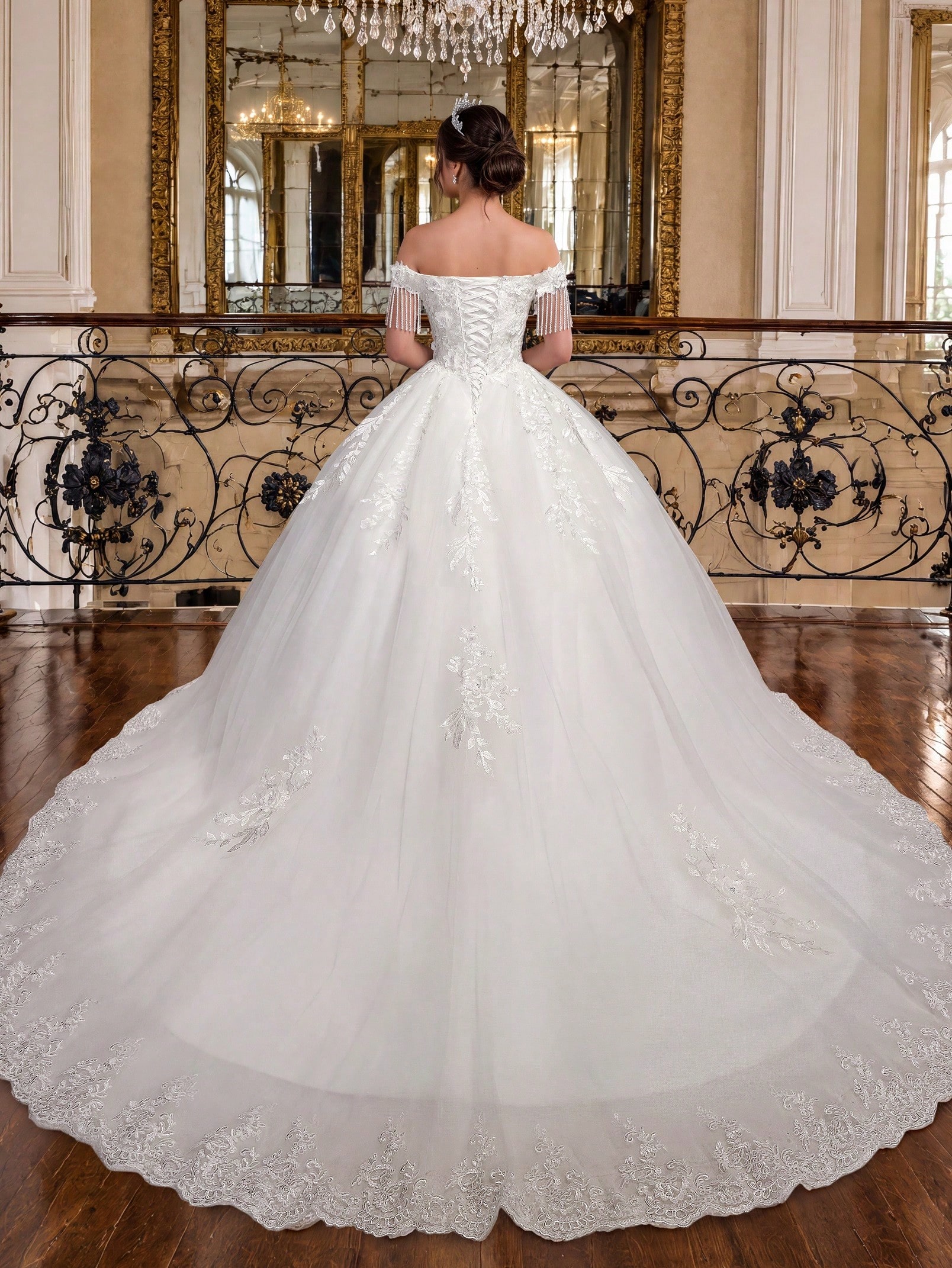 Robe de mariée élégante ivoire à épaules dénudées avec applique perlée à la main, robe de — vue 3