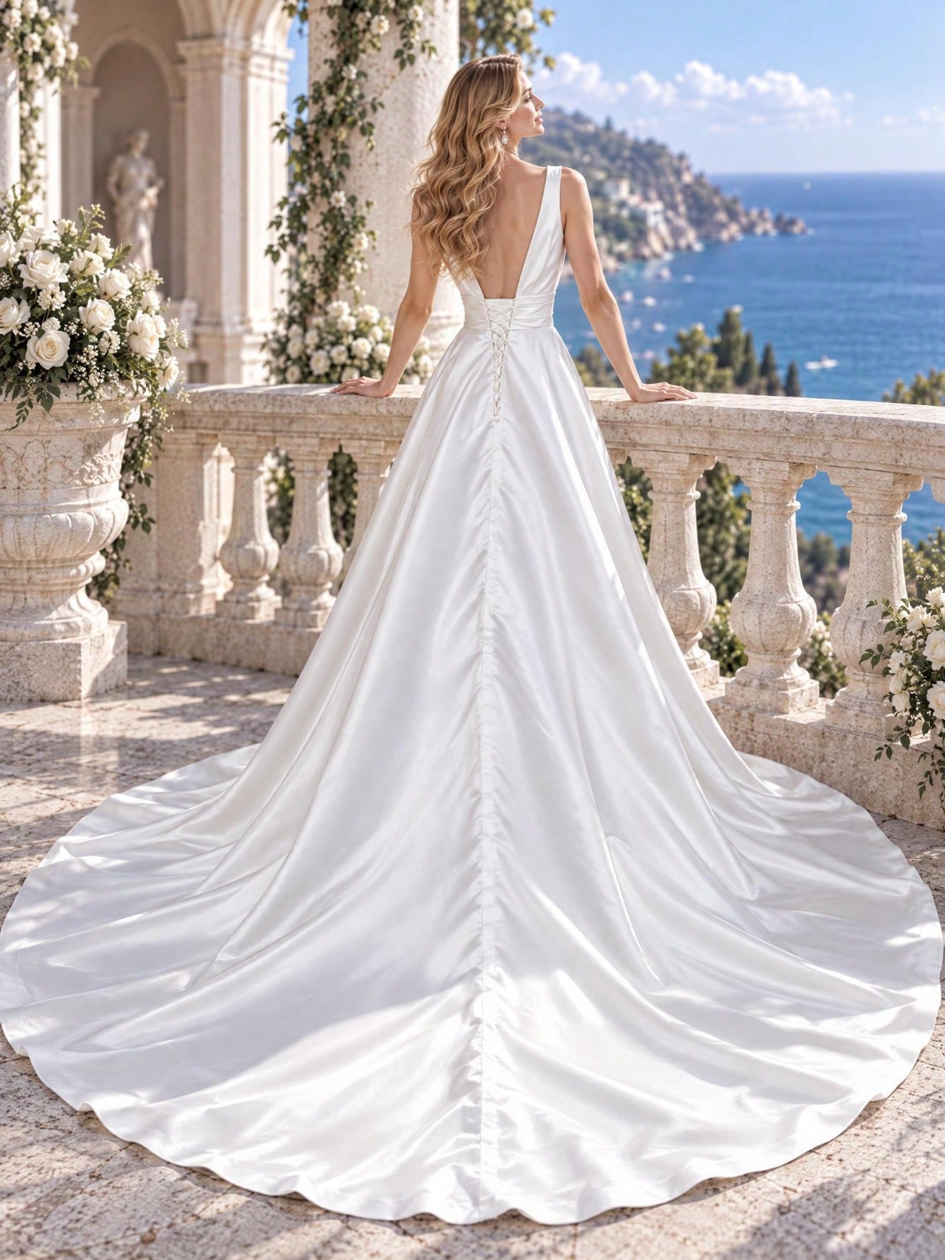 Nordiya Robe de mariée élégante en satin blanc avec fente haute et design de poche, robe — vue 4