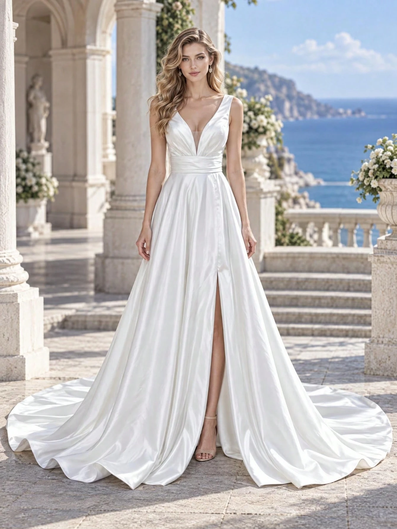 Nordiya Robe de mariée élégante en satin blanc avec fente haute et design de poche, robe — vue 2
