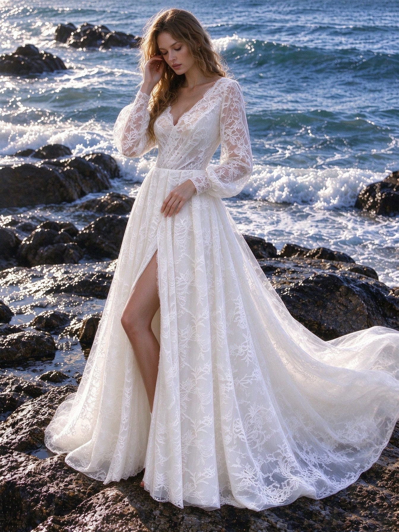 Robe trapèze à col en V en dentelle française à manches longues avec traîne, convient