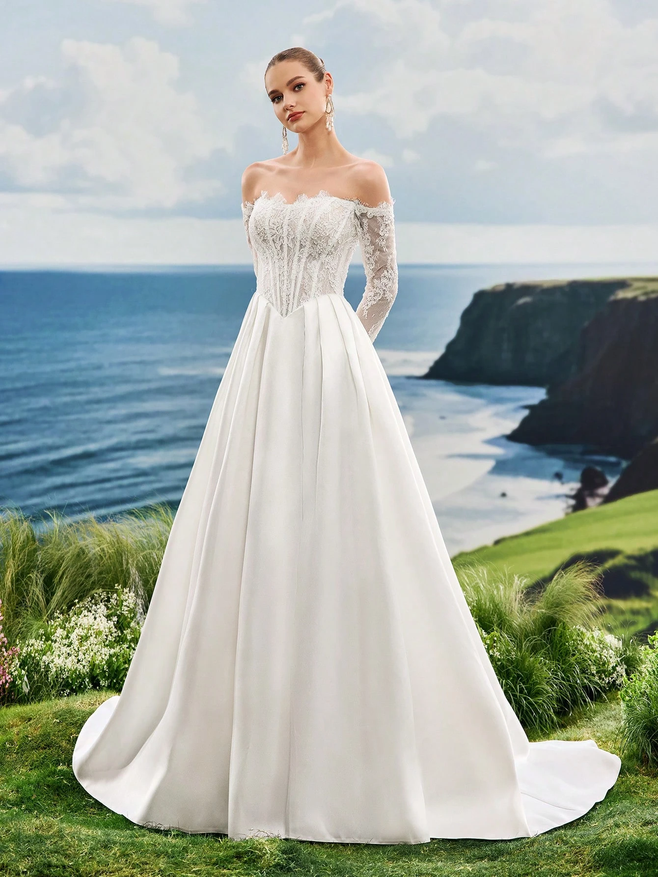 Dentelle, Satin, Épaules Dénudées, Lacets, Fente Haute, Traîne, Robe Trapèze, Mariage à — vue 8