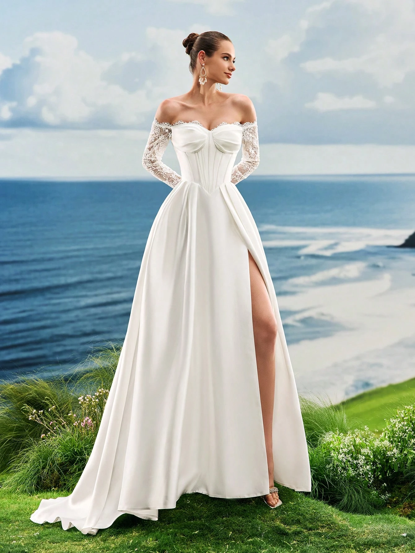 Elasola Robe de mariée blanche en dentelle à épaules dénudées, robe de mariée à manches — vue 6