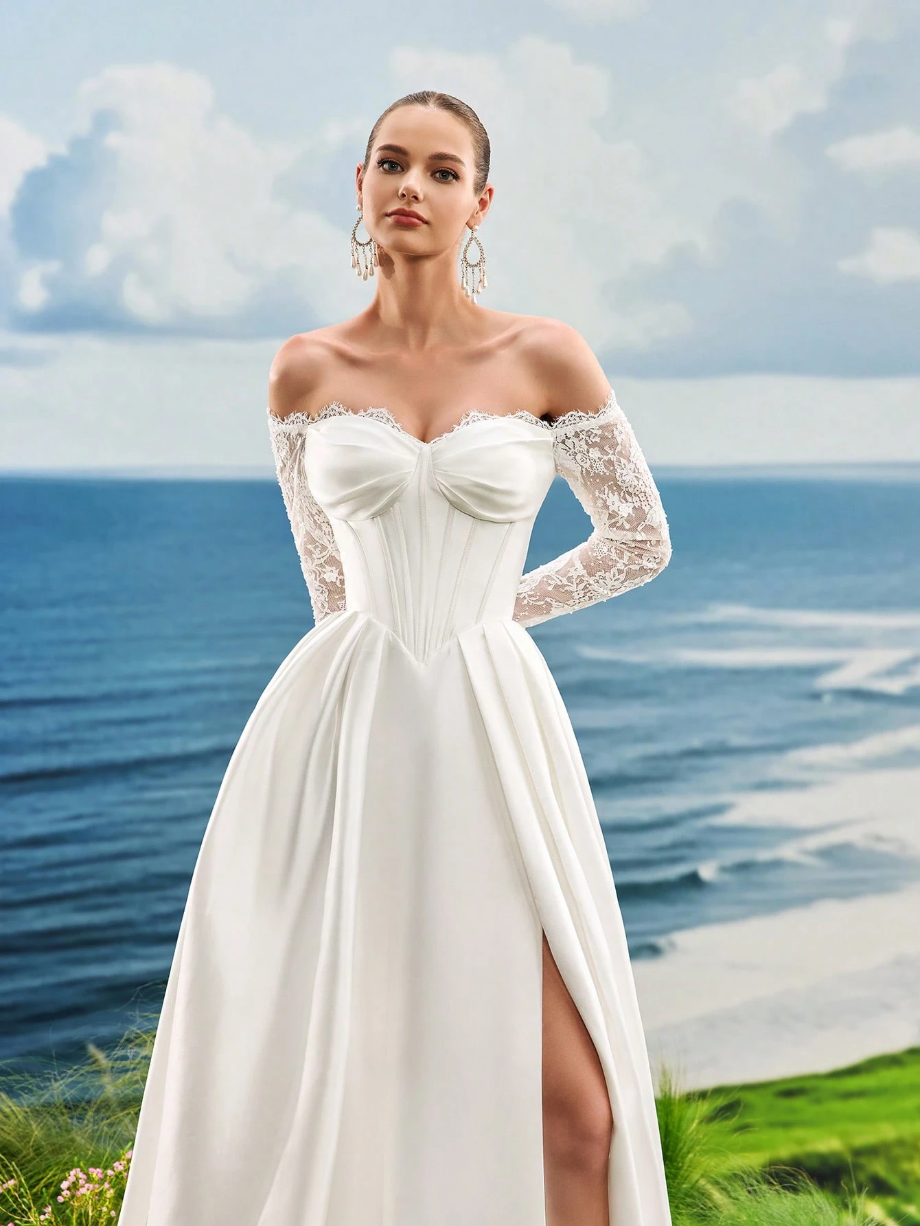 Elasola Robe de mariée blanche en dentelle à épaules dénudées, robe de mariée à manches — vue 7