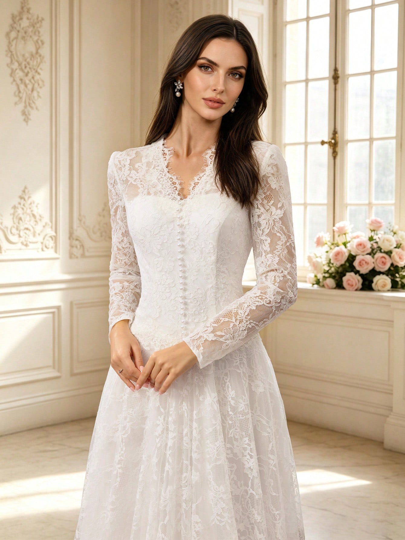 Robe de mariée élégante en dentelle blanche avec traîne — vue 2