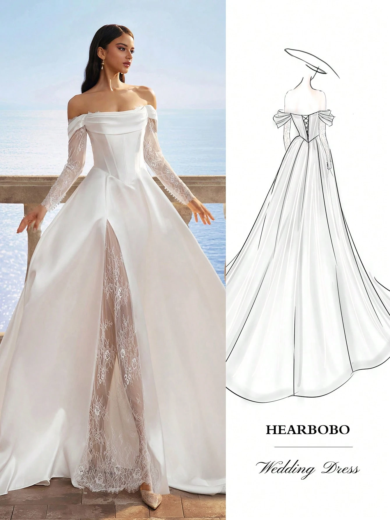 Elasola Robe de mariée maxi minimaliste à manches longues à épaules dénudées, en satin