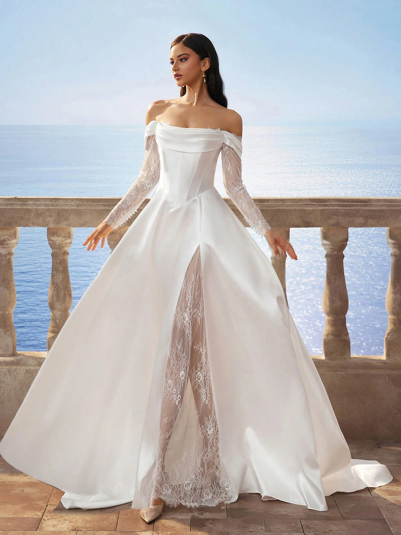 Elasola Robe de mariée maxi minimaliste à manches longues à épaules dénudées, en satin — vue 2