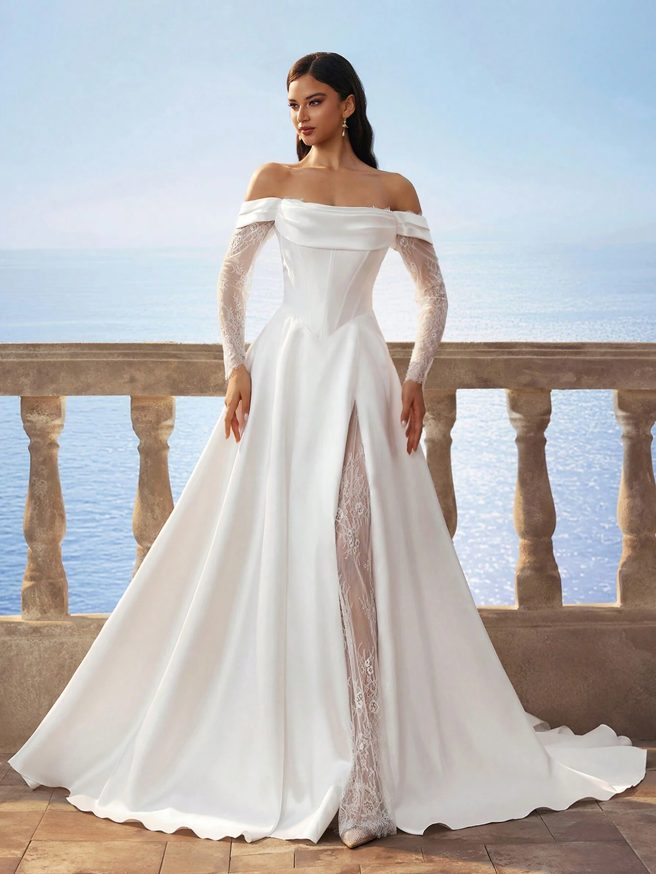 Elasola Robe de mariée maxi minimaliste à manches longues à épaules dénudées, en satin — vue 5