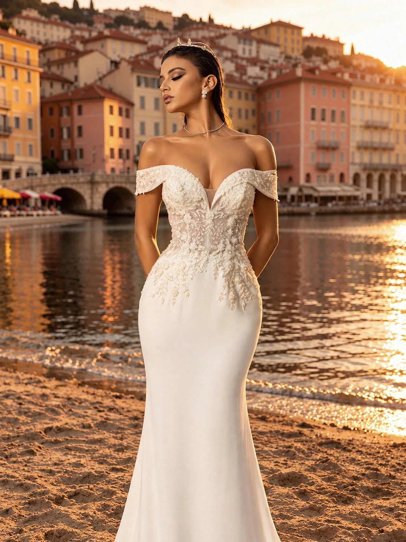 HEARBOBO Robe de mariée de luxe blanche, encolure épaules dénudées, application exquise, — vue 5