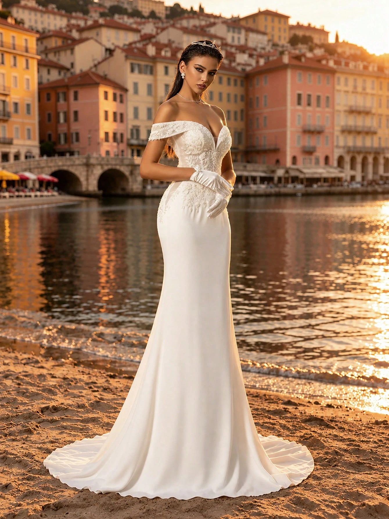 HEARBOBO Robe de mariée de luxe blanche, encolure épaules dénudées, application exquise, — vue 3
