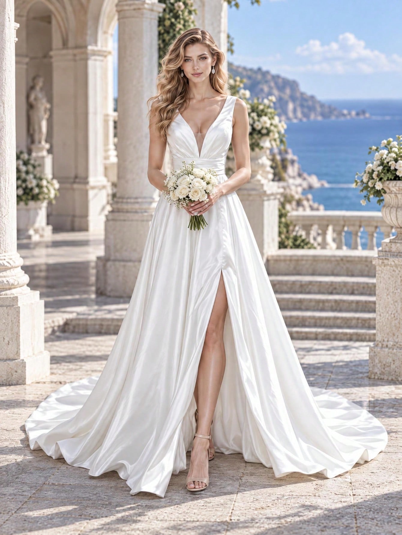 Nordiya Robe de mariée élégante en satin blanc avec fente haute et design de poche, robe — vue 7