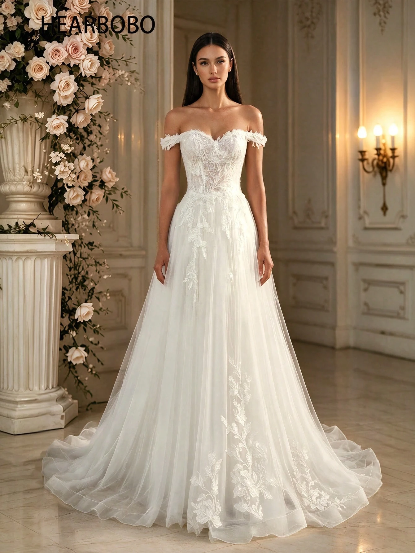Robe de mariée vintage HEARBOBO à épaules dénudées brodée, longue jupe ample avec détails