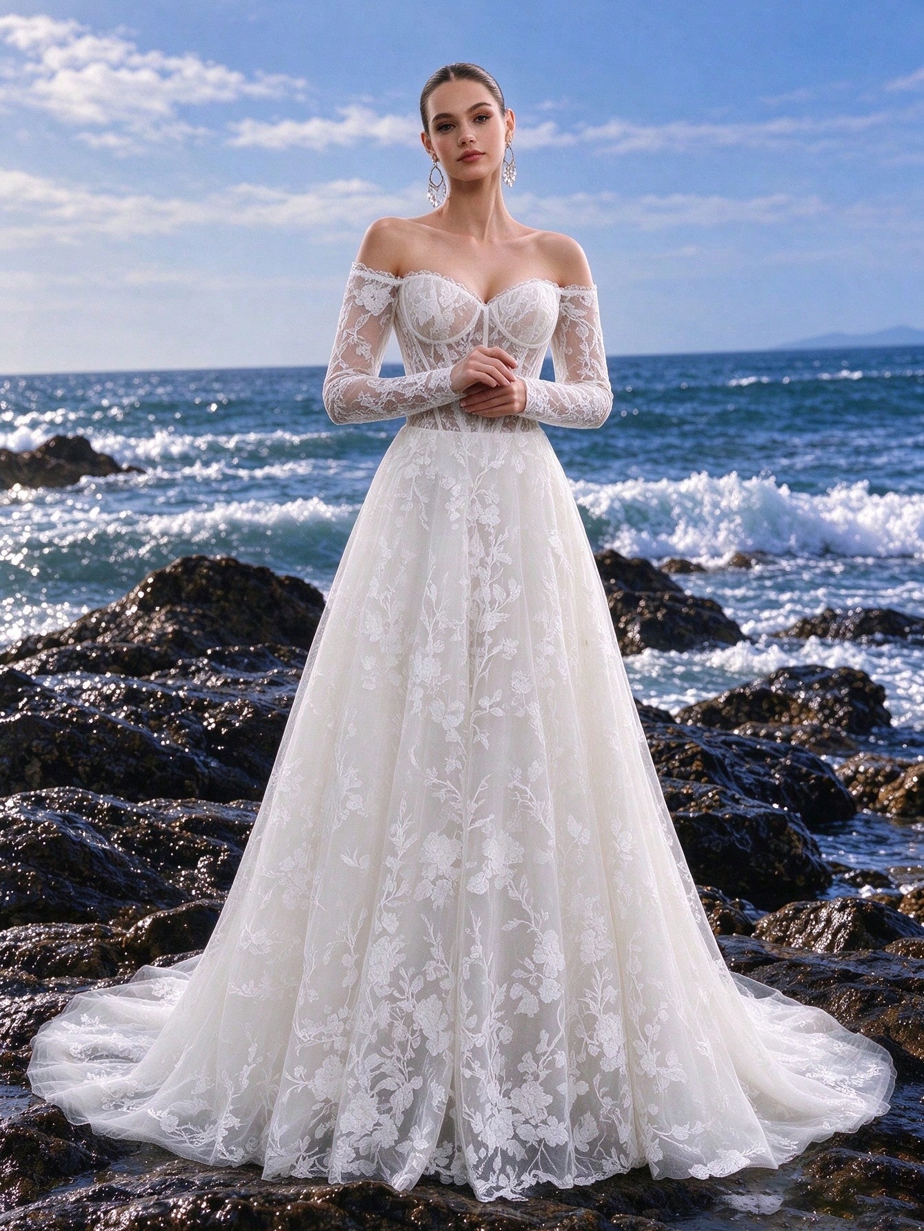 Dentelle, Manches longues, Épaules dénudées, Lacets, Traîne, Robe trapèze, Mariage à