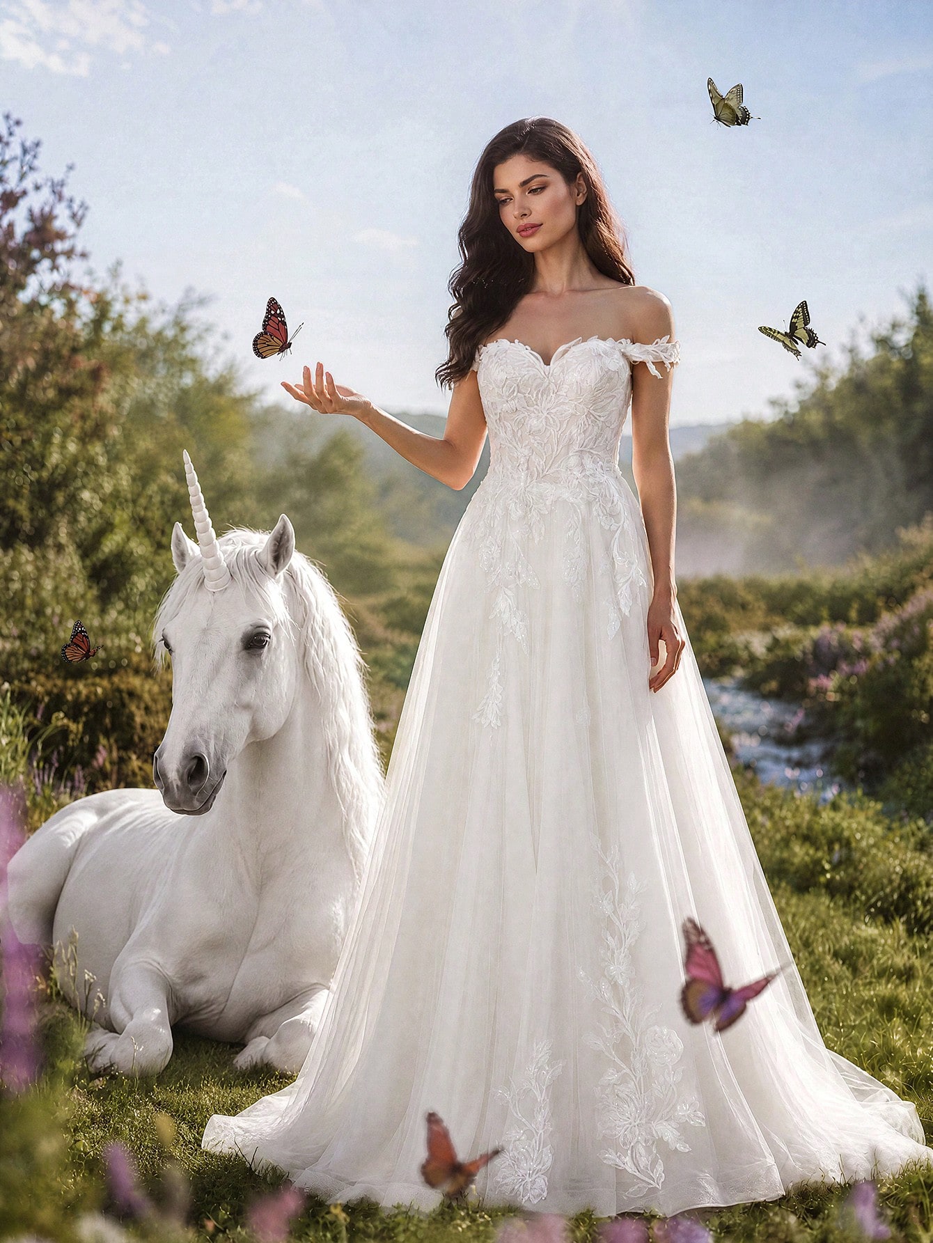 Robe de mariée vintage HEARBOBO à épaules dénudées brodée, longue jupe ample avec détails — vue 4