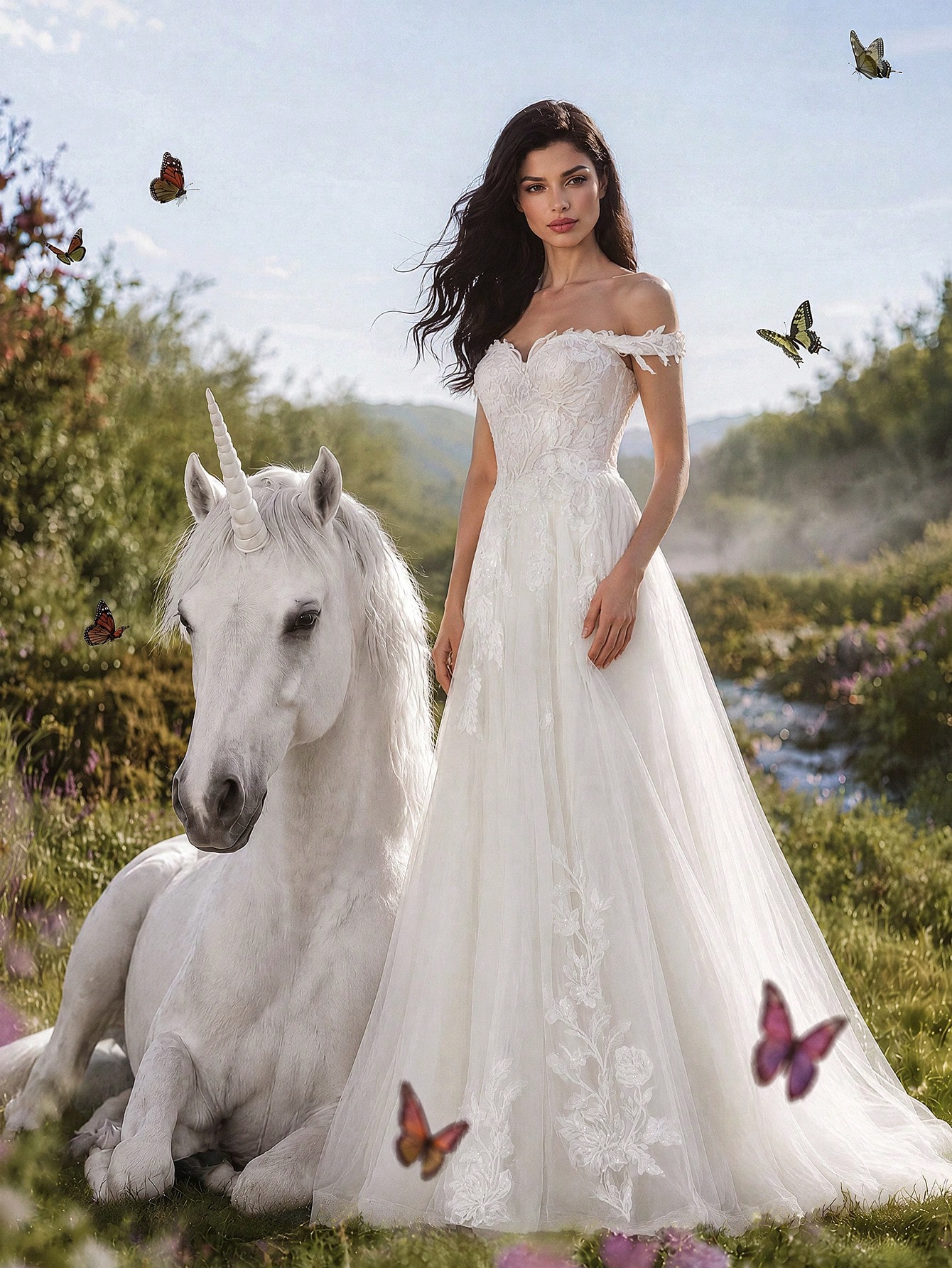 Robe de mariée vintage HEARBOBO à épaules dénudées brodée, longue jupe ample avec détails — vue 5