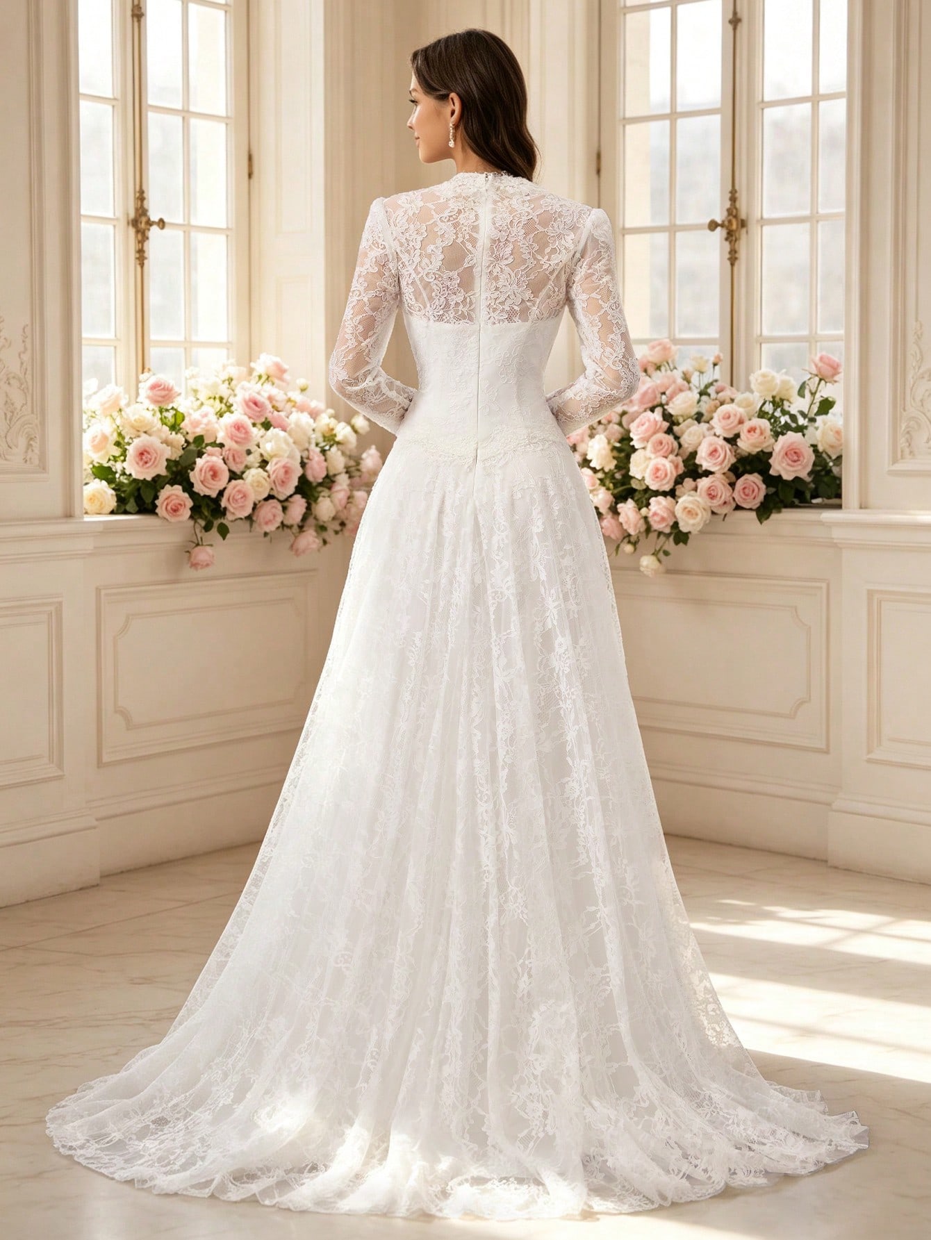 Robe de mariée élégante en dentelle blanche avec traîne — vue 8