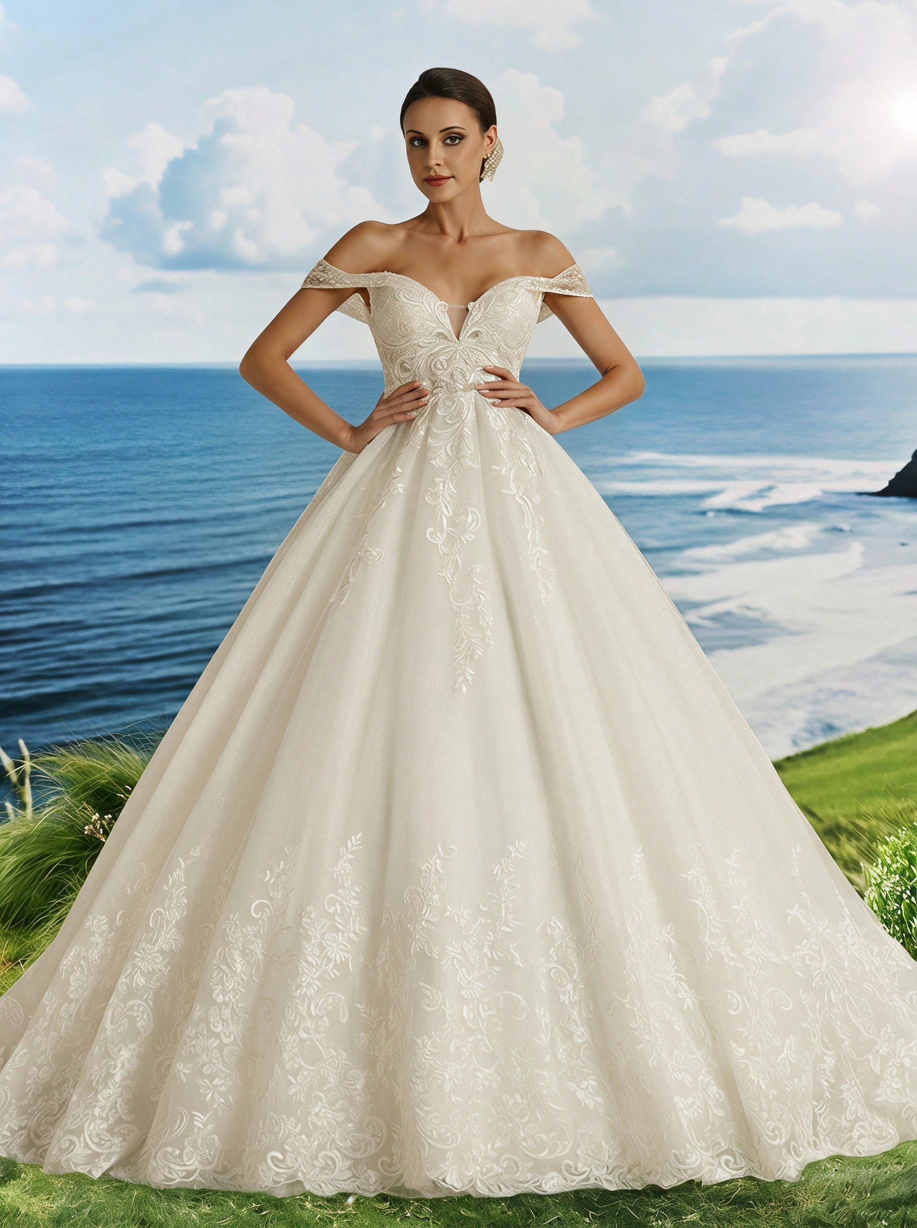 Elasola Robe de mariée blanche élégante avec broderie de tulle, épaules dénudées, taille