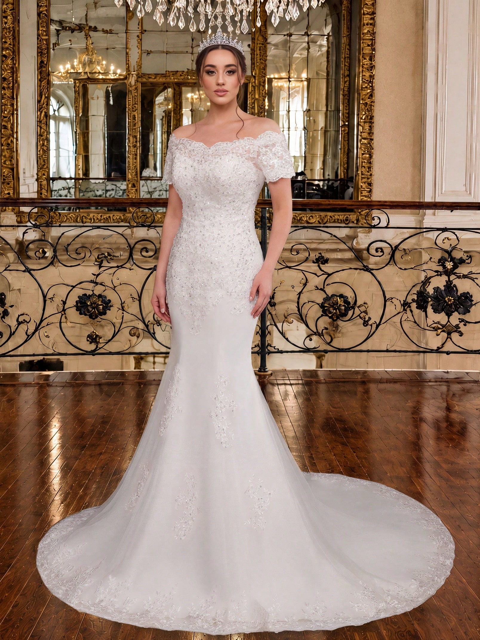 Robe de mariée sirène élégante pour femmes avec applique en dentelle et perles faites à