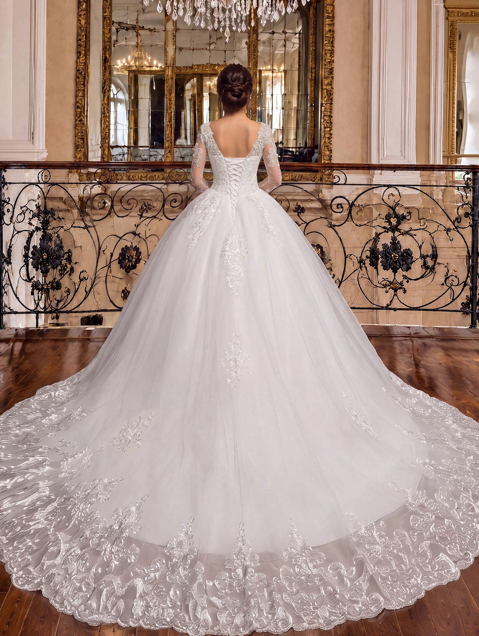 Robe de mariée élégante ivoire à manches longues avec jupe ample en tulle pailleté — vue 3