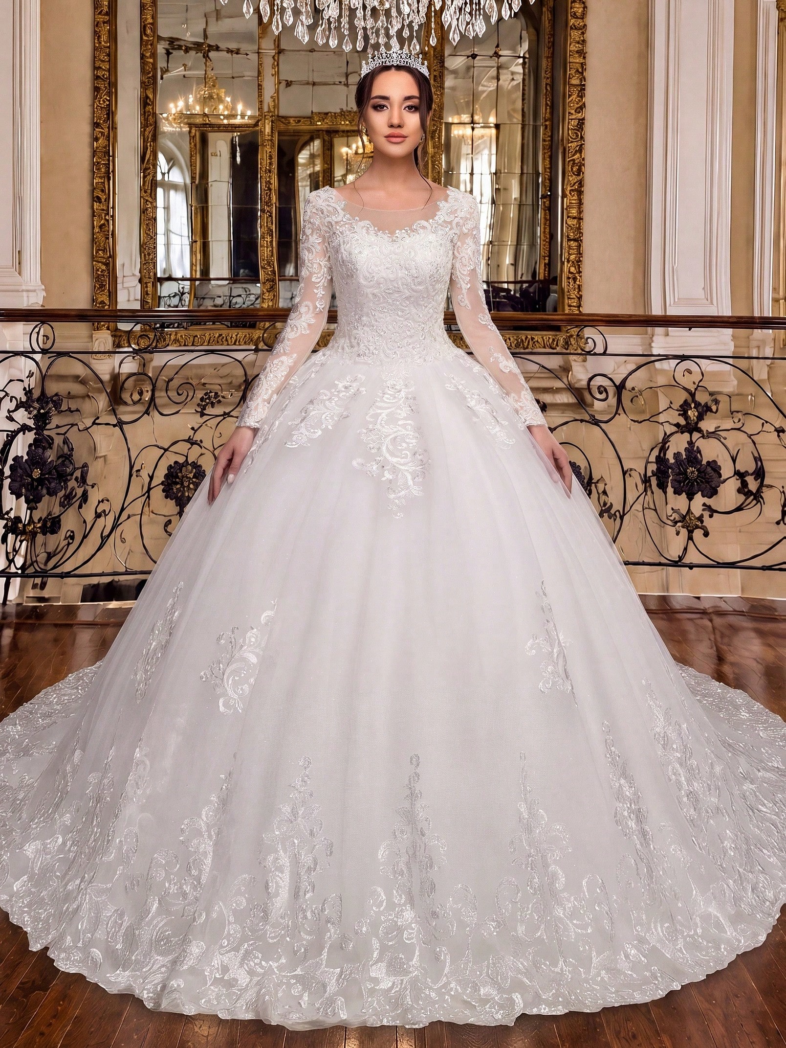 Robe de mariée élégante ivoire à manches longues avec jupe ample en tulle pailleté