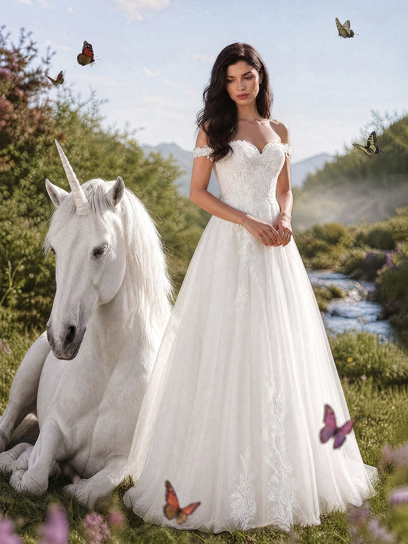 Robe de mariée vintage HEARBOBO à épaules dénudées brodée, longue jupe ample avec détails — vue 7