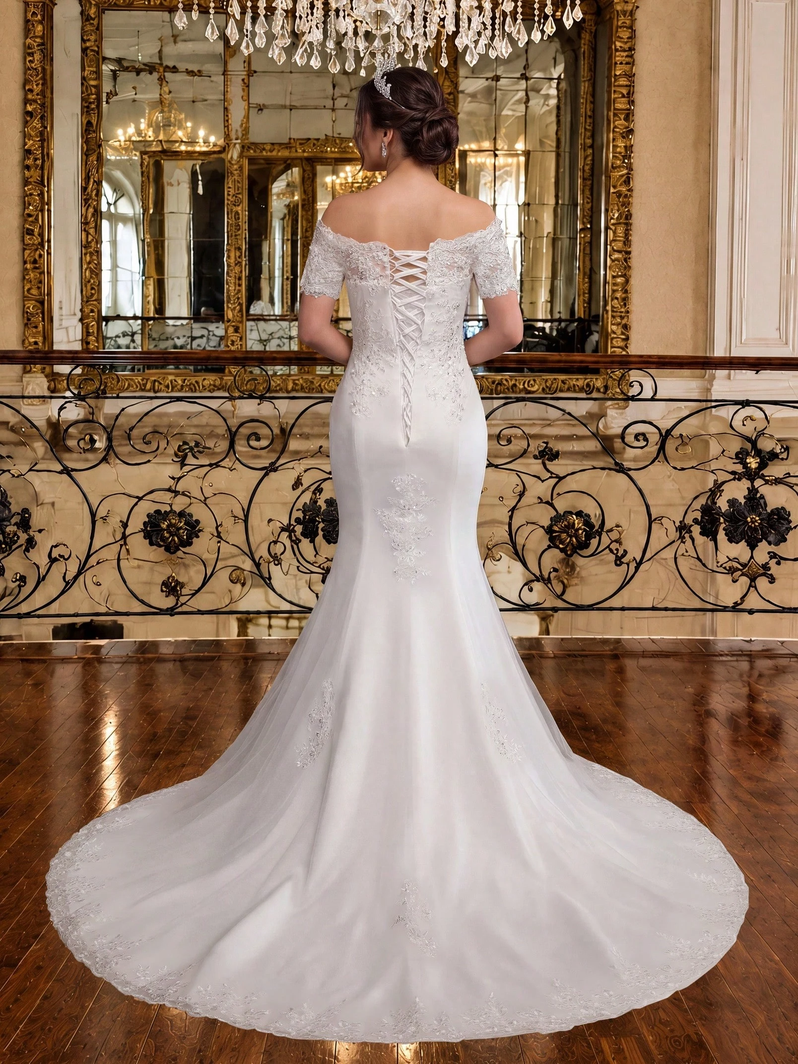 Robe de mariée sirène élégante pour femmes avec applique en dentelle et perles faites à — vue 3
