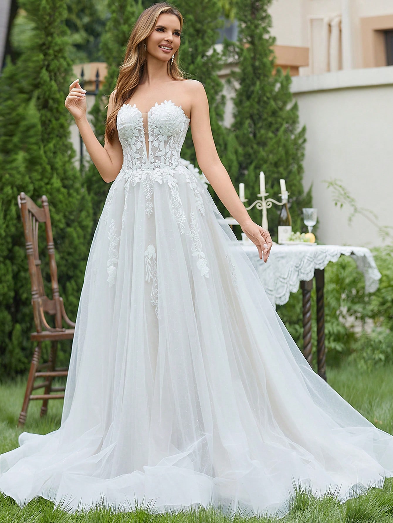 Elasola Robe de mariée en tulle à encolure dégagée avec broderie bicolore, robe de mariée — vue 9