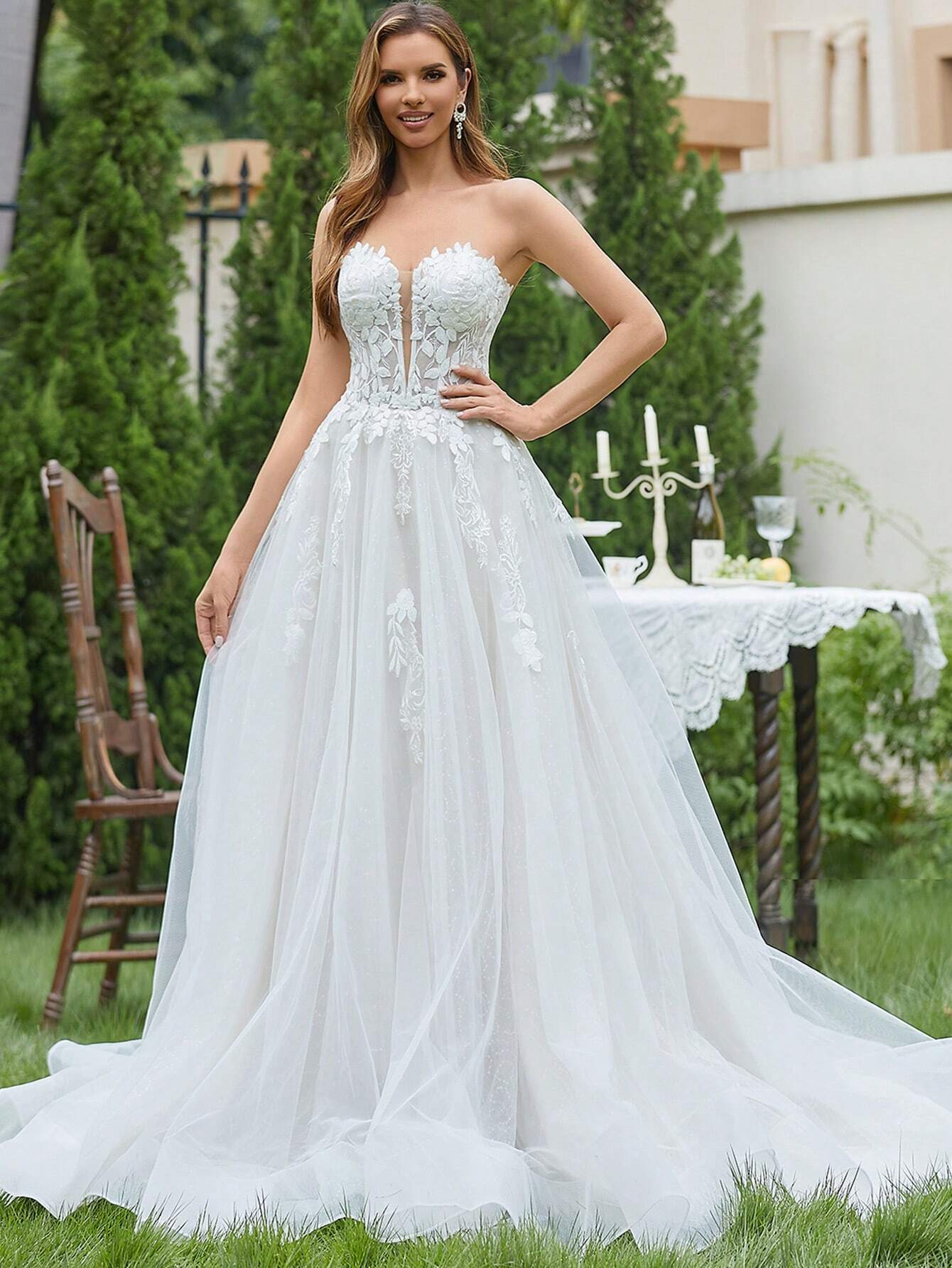 Elasola Robe de mariée en tulle à encolure dégagée avec broderie bicolore, robe de mariée — vue 7