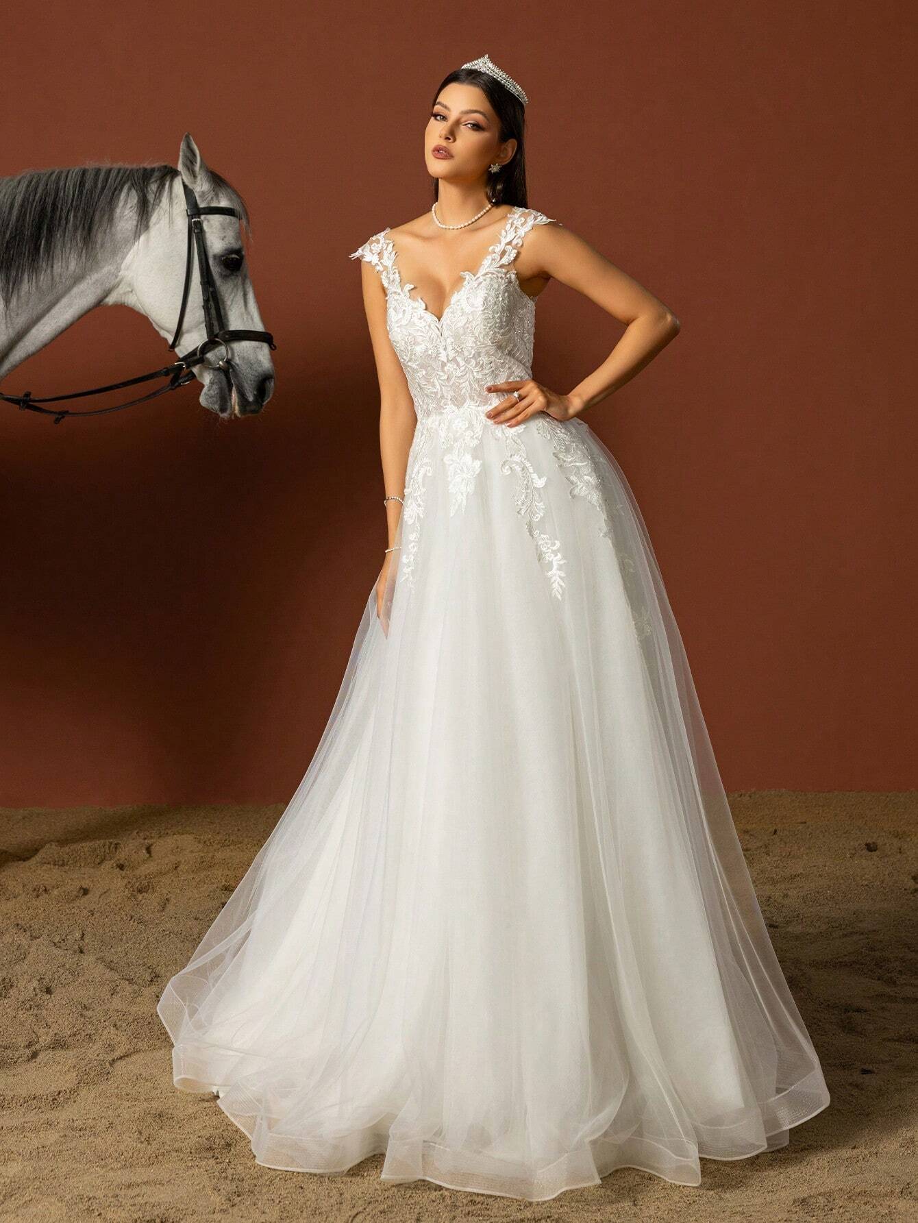 Elasola Robe de mariée blanche élégante de style bohème longue en forme de A, décorée — vue 5