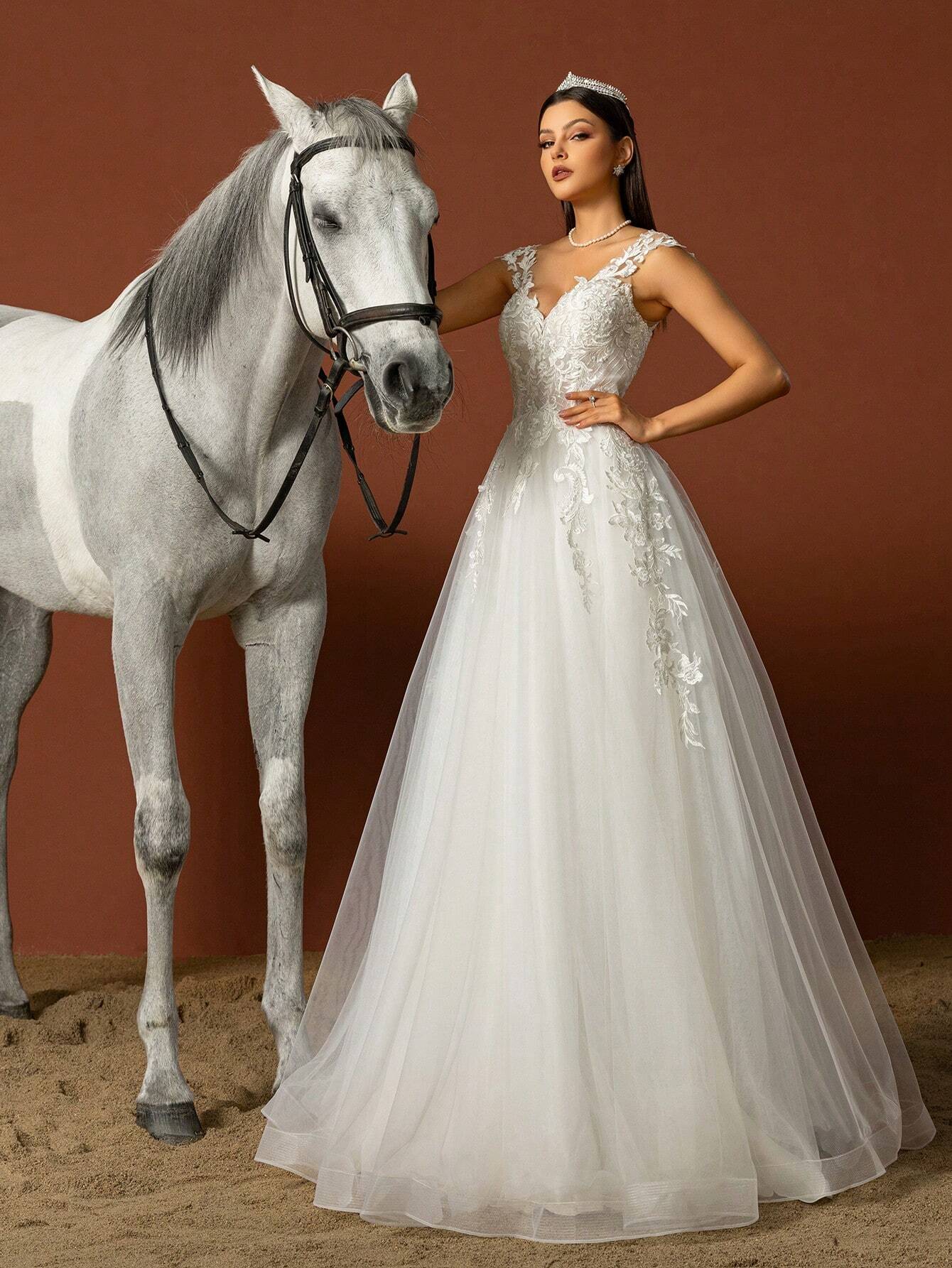Elasola Robe de mariée blanche élégante de style bohème longue en forme de A, décorée — vue 3