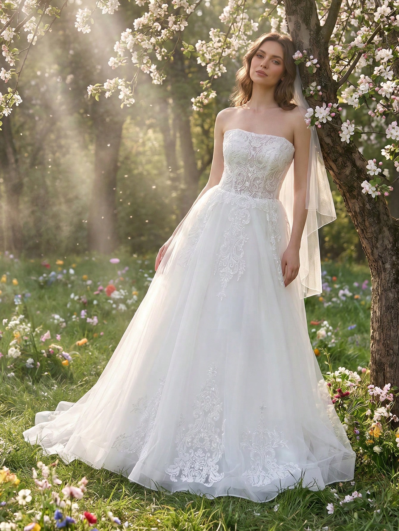 Elasola Robe de mariée blanche sans bretelles, jupe ample en dentelle lourde, paillettes — vue 3