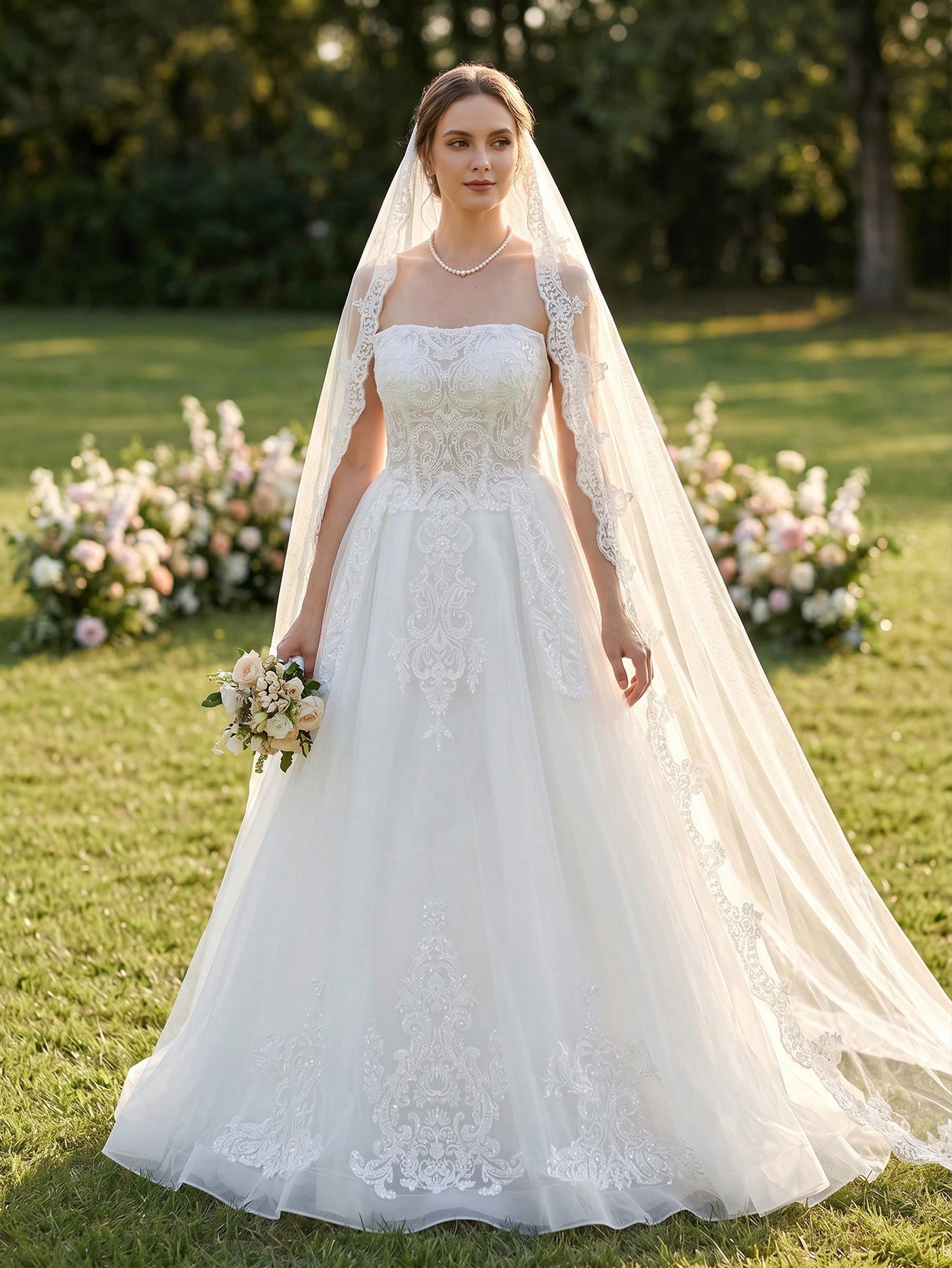 Elasola Robe de mariée blanche sans bretelles, jupe ample en dentelle lourde, paillettes — vue 2